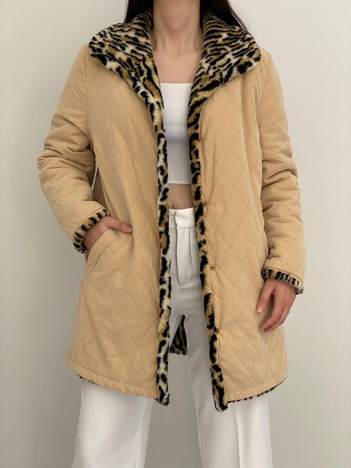 Vintage Y2K Reversible Beige Quilted Leopard Faux Fur Longline Jacket - L