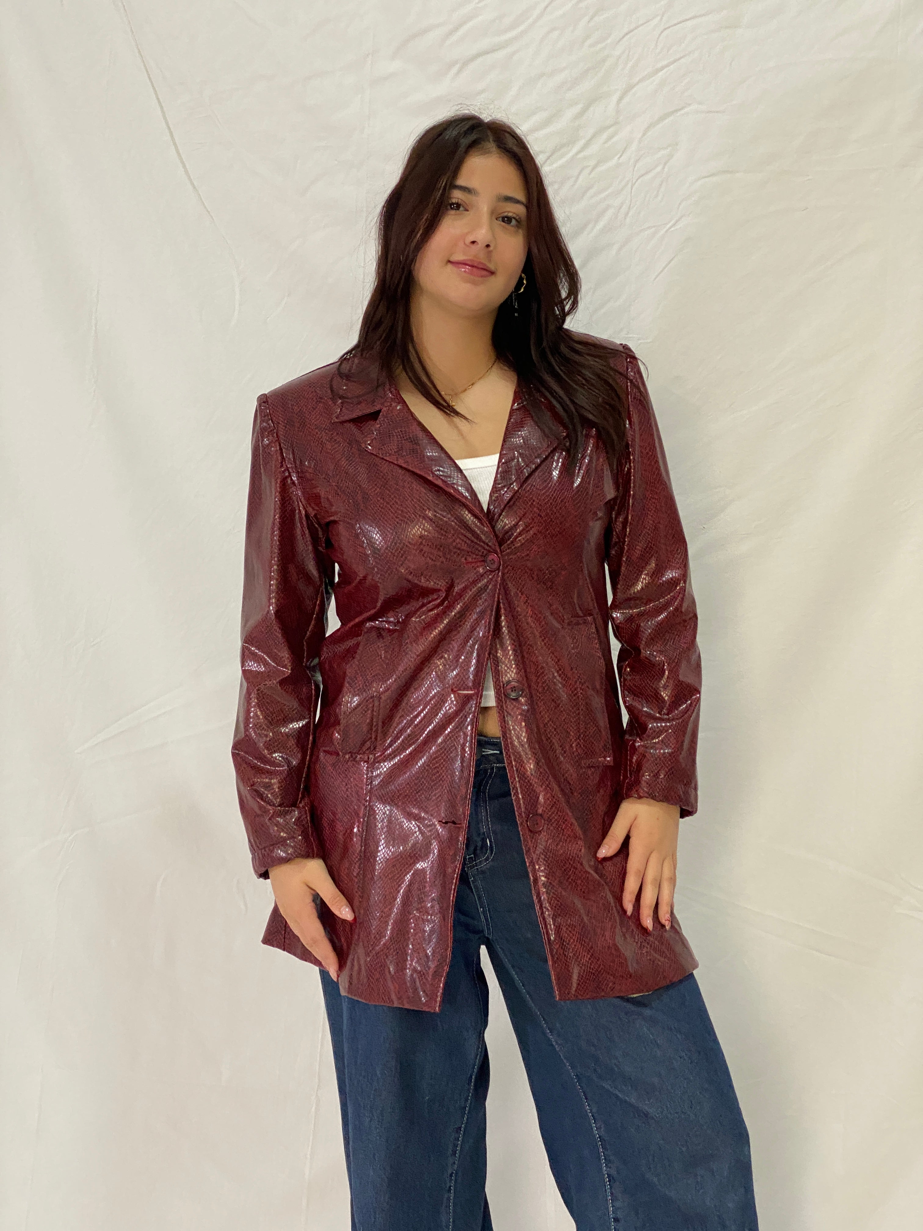 Vintage Burgundy Snakeskin Faux Leather Lined Coat with Leopard Print Interior – M
