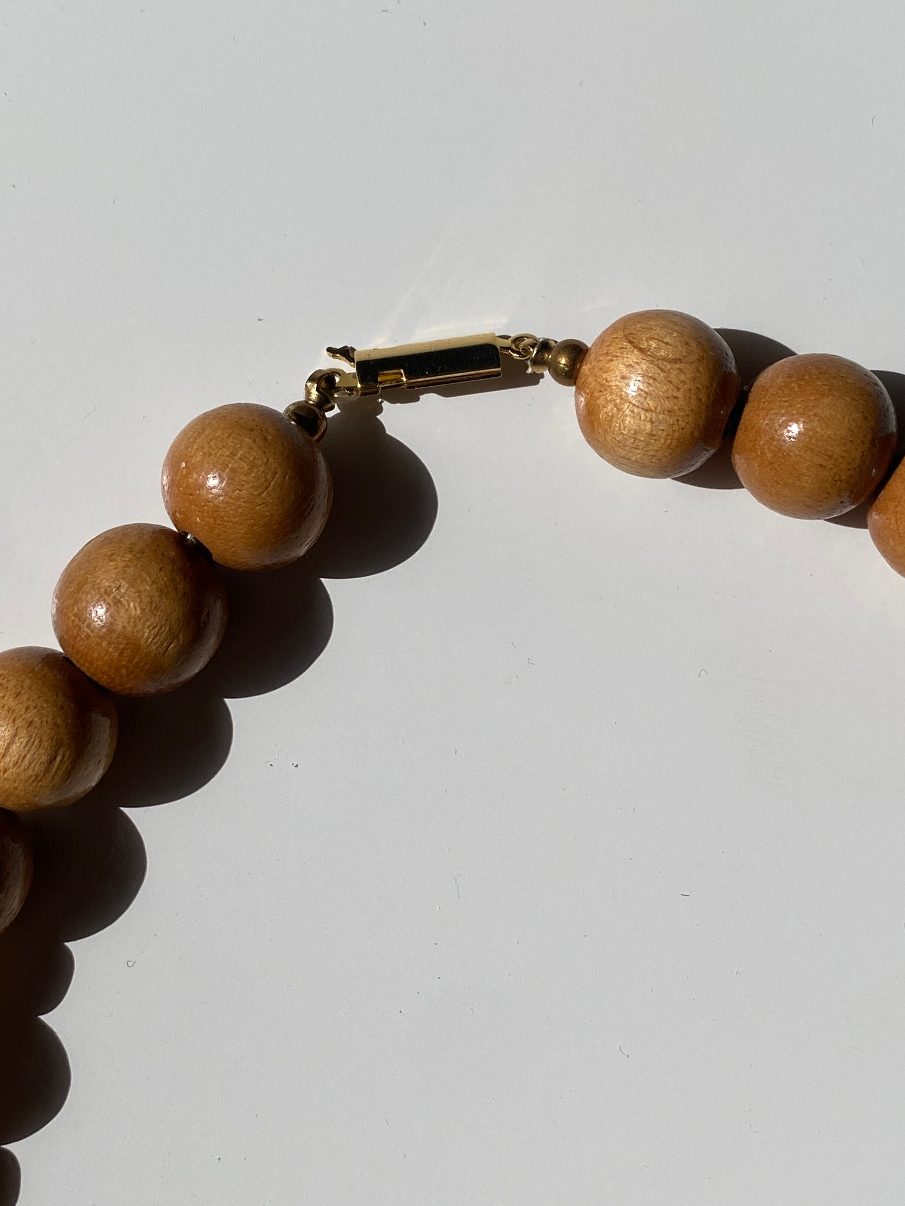 Vintage 90s Wood Bead Statement Necklace – Neutral Tones Gold Accents Pendant Necklace