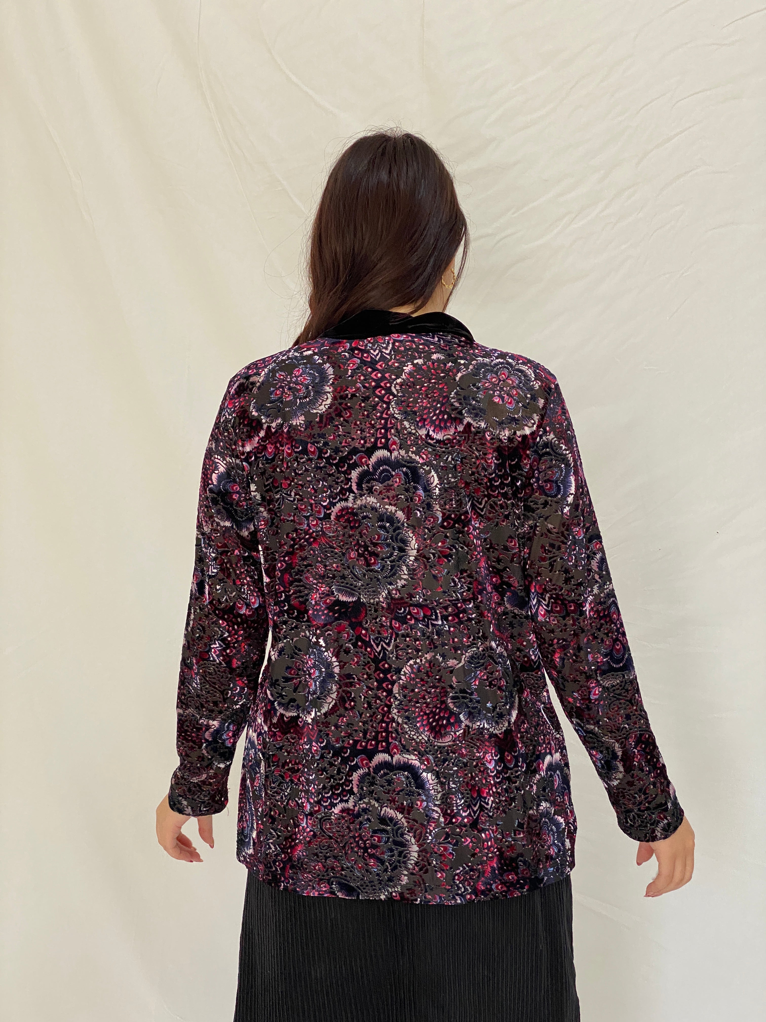 Vintage Millers Black Velvet Floral Paisley Open-Front Cardigan - L