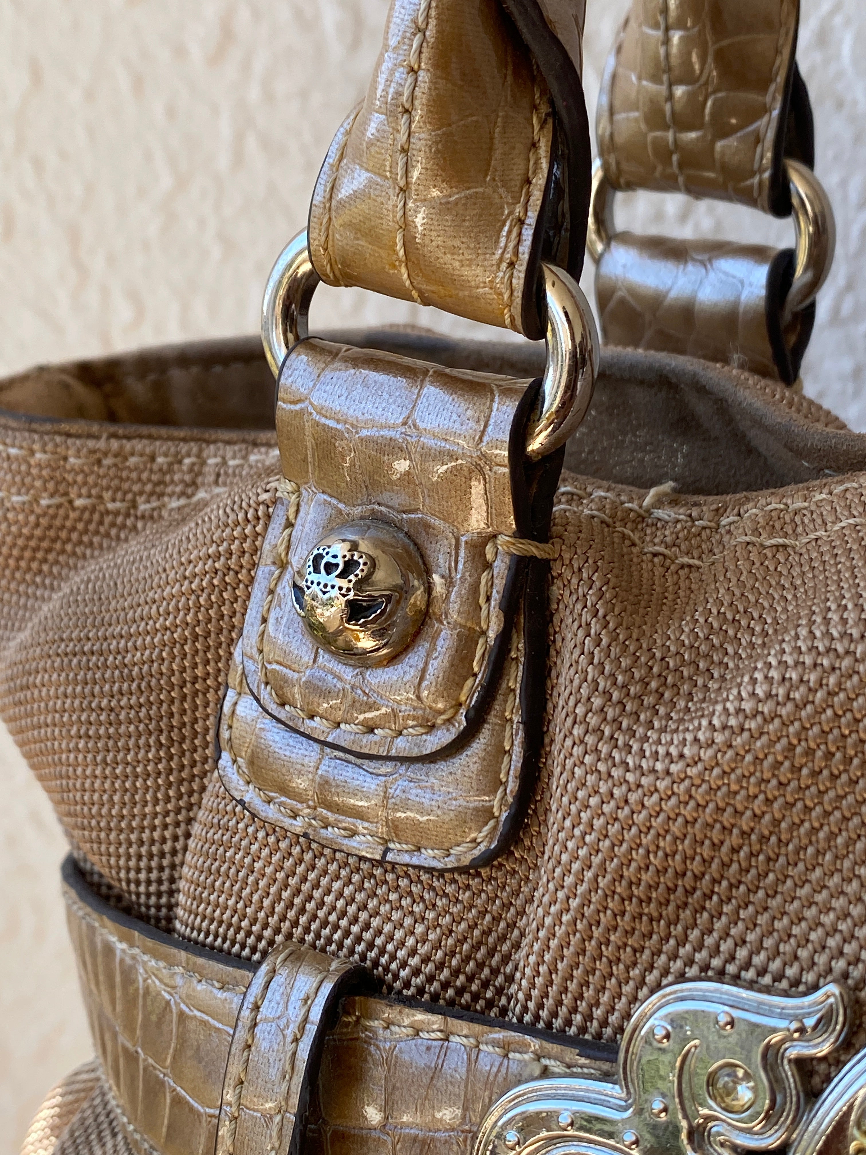Vintage Y2K Kathy Van Zeeland Tan Canvas & Faux Croc Shoulder Tote Bag