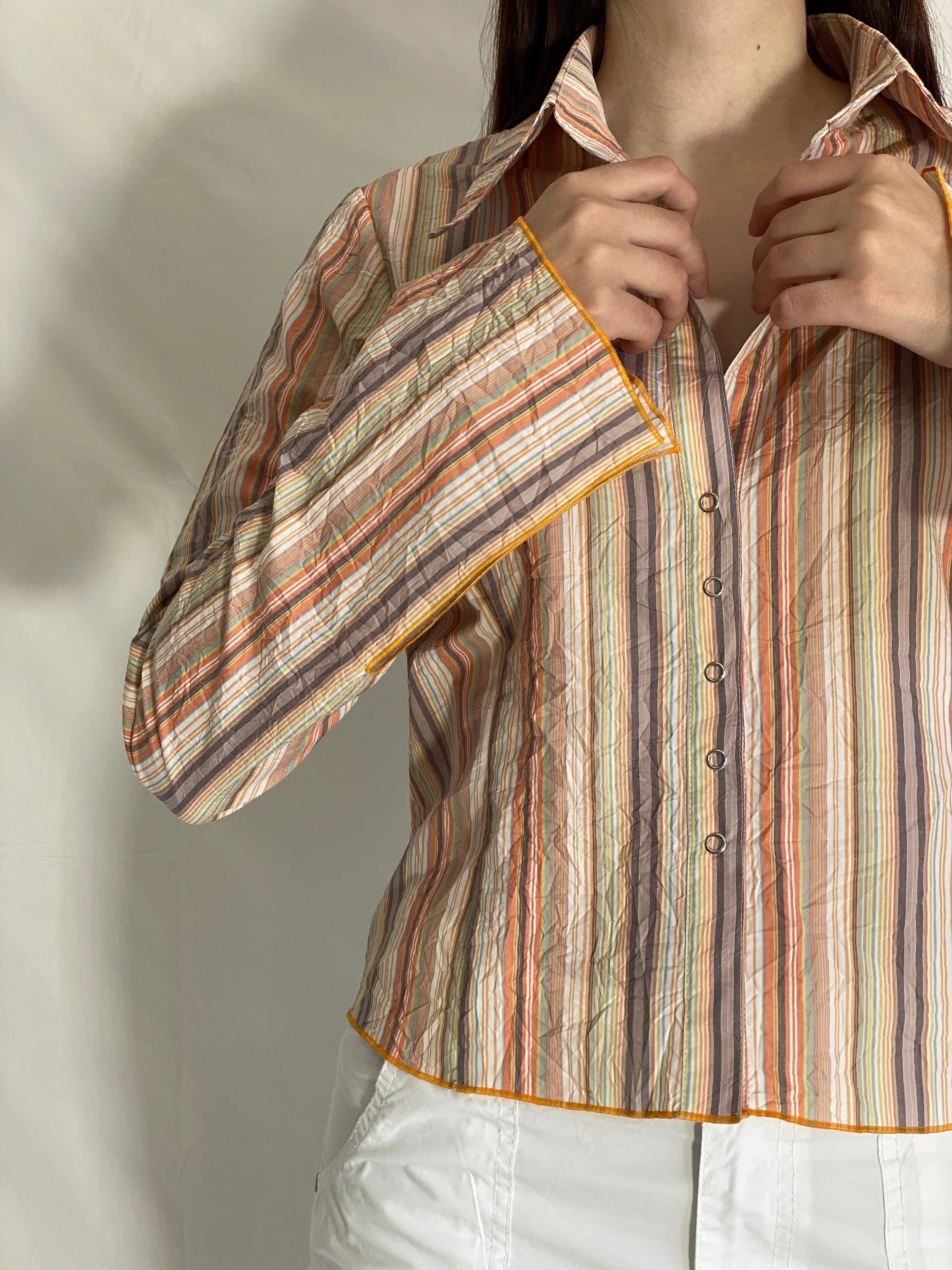 قميص مخطط بأزرار من الطراز القديم Y2K، متعدد الألوان، بأكمام طويلة، قميص مخطط للمكتب - مقاس L
