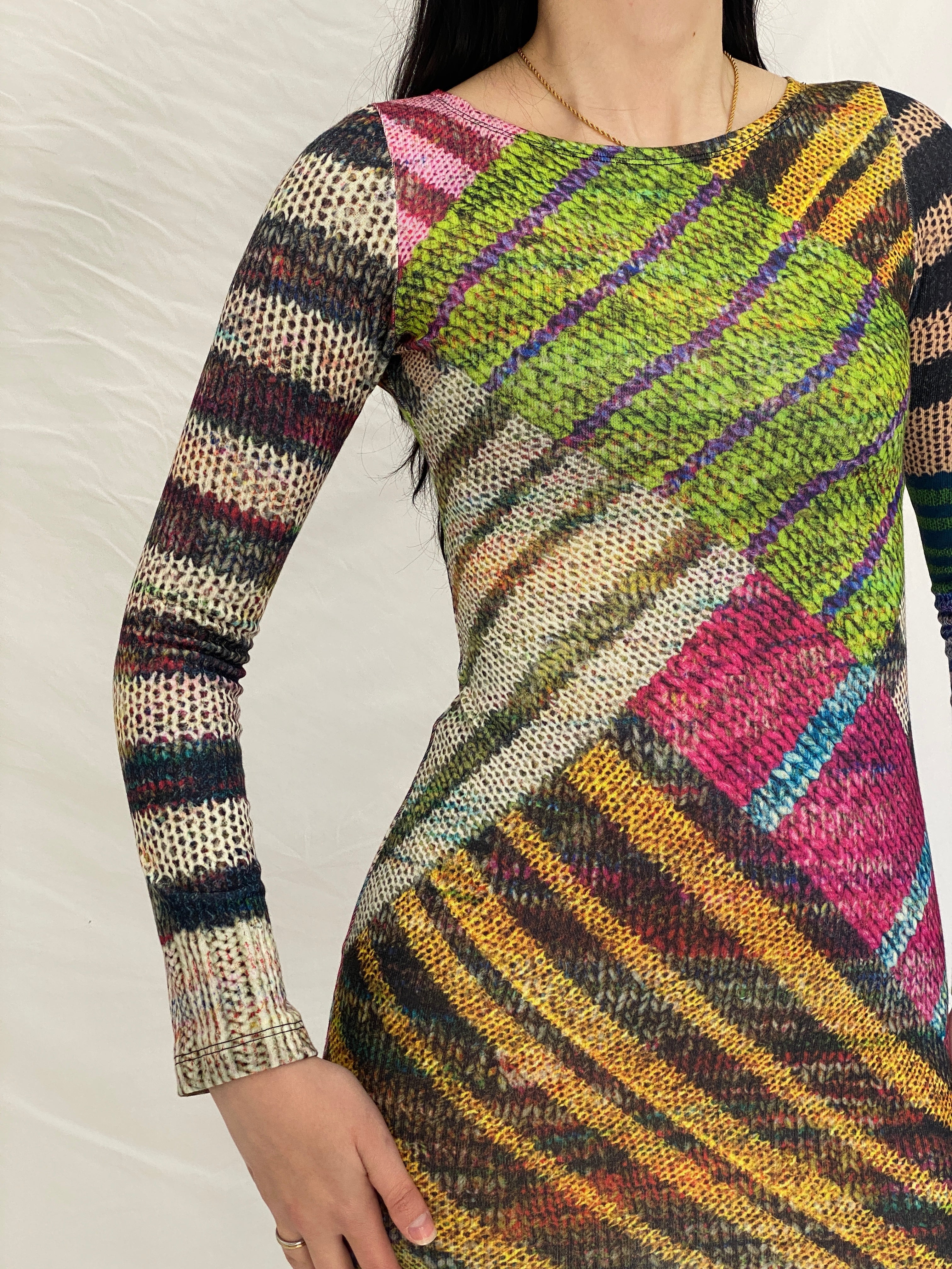 Vintage Y2K Multicolor Knit-Print Long Sleeve Mini Dress - S