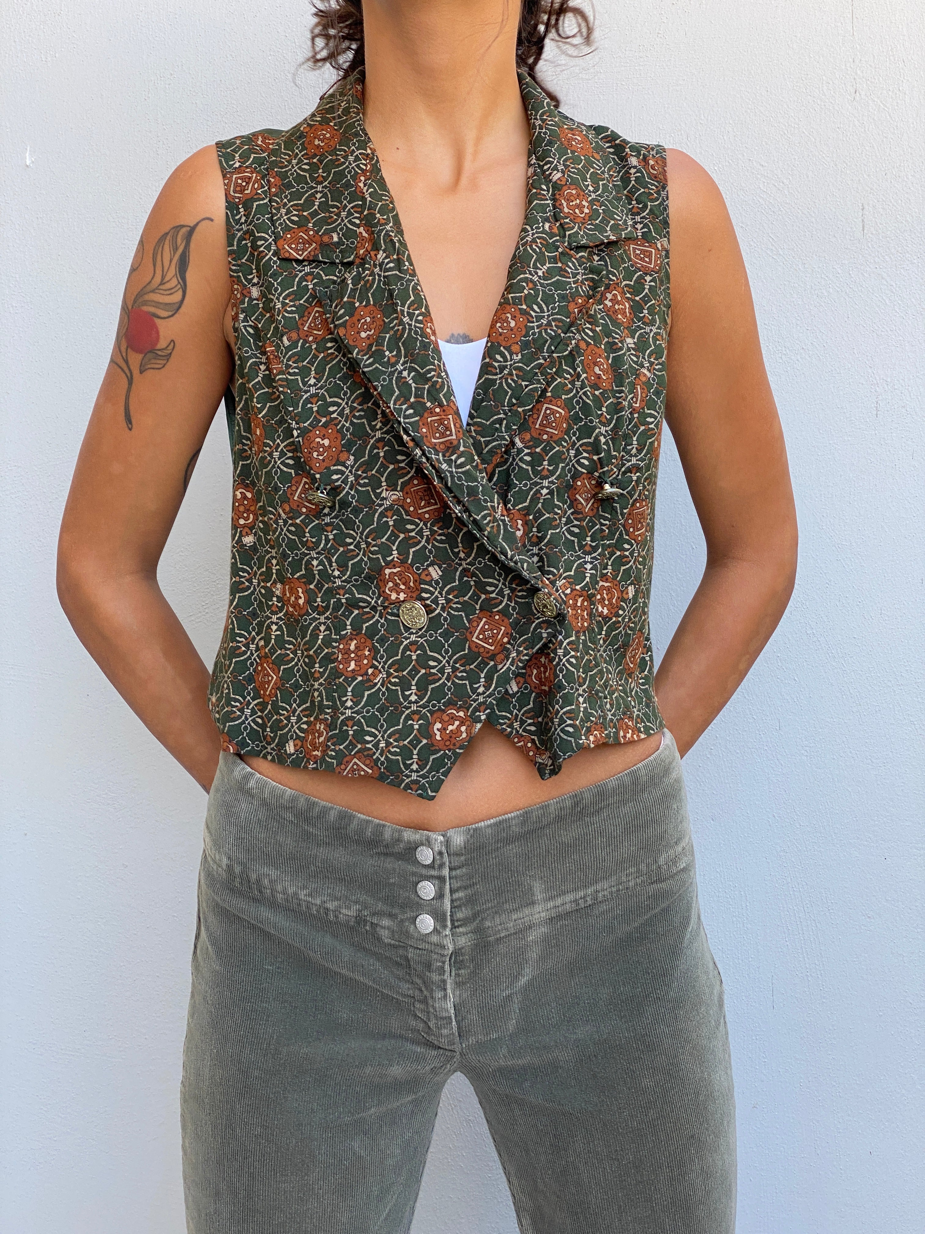 Vintage Y2K David Benjamin Green Paisley Double Breasted Silk Style Waistcoat Vest - M