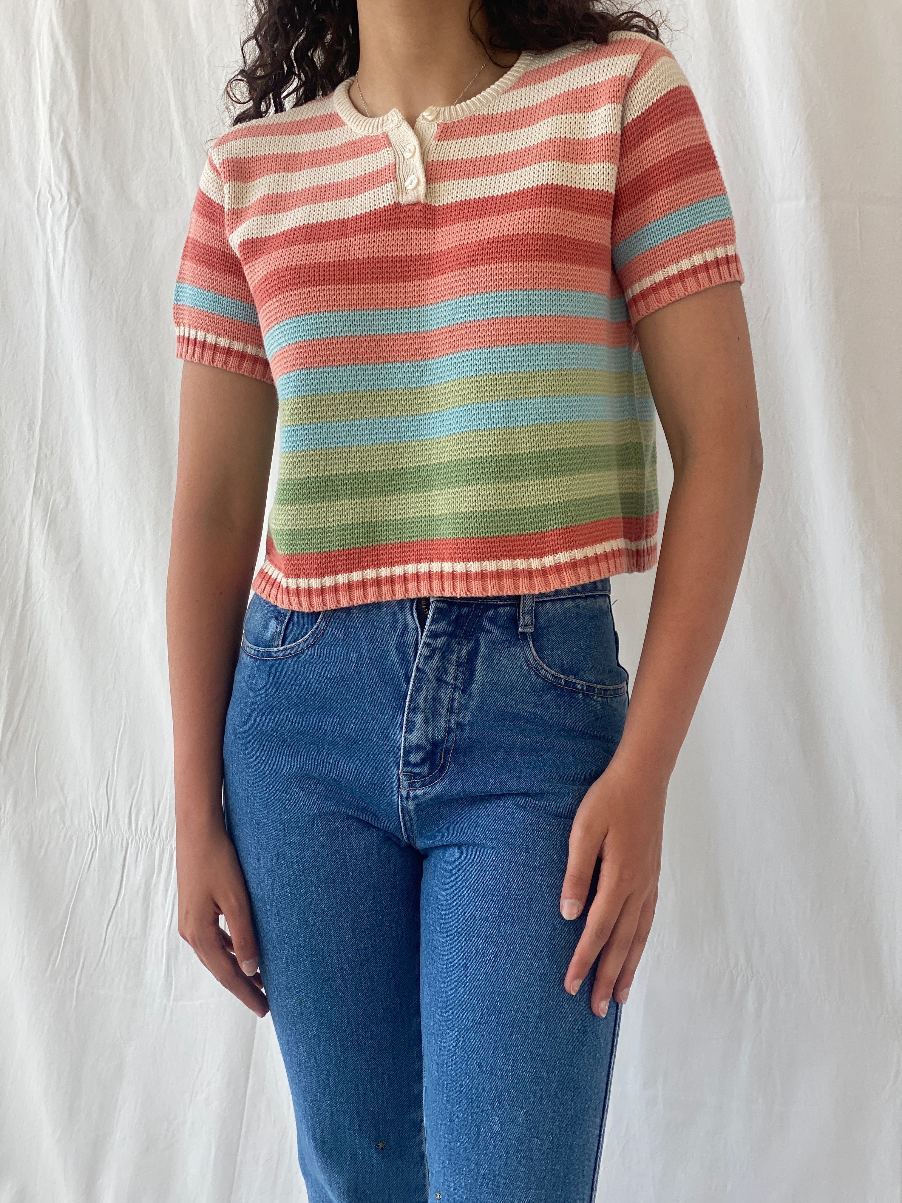 Y2K Liz Claiborne Lizwear Striped Pastel Pink Knitted Cotton Top - S