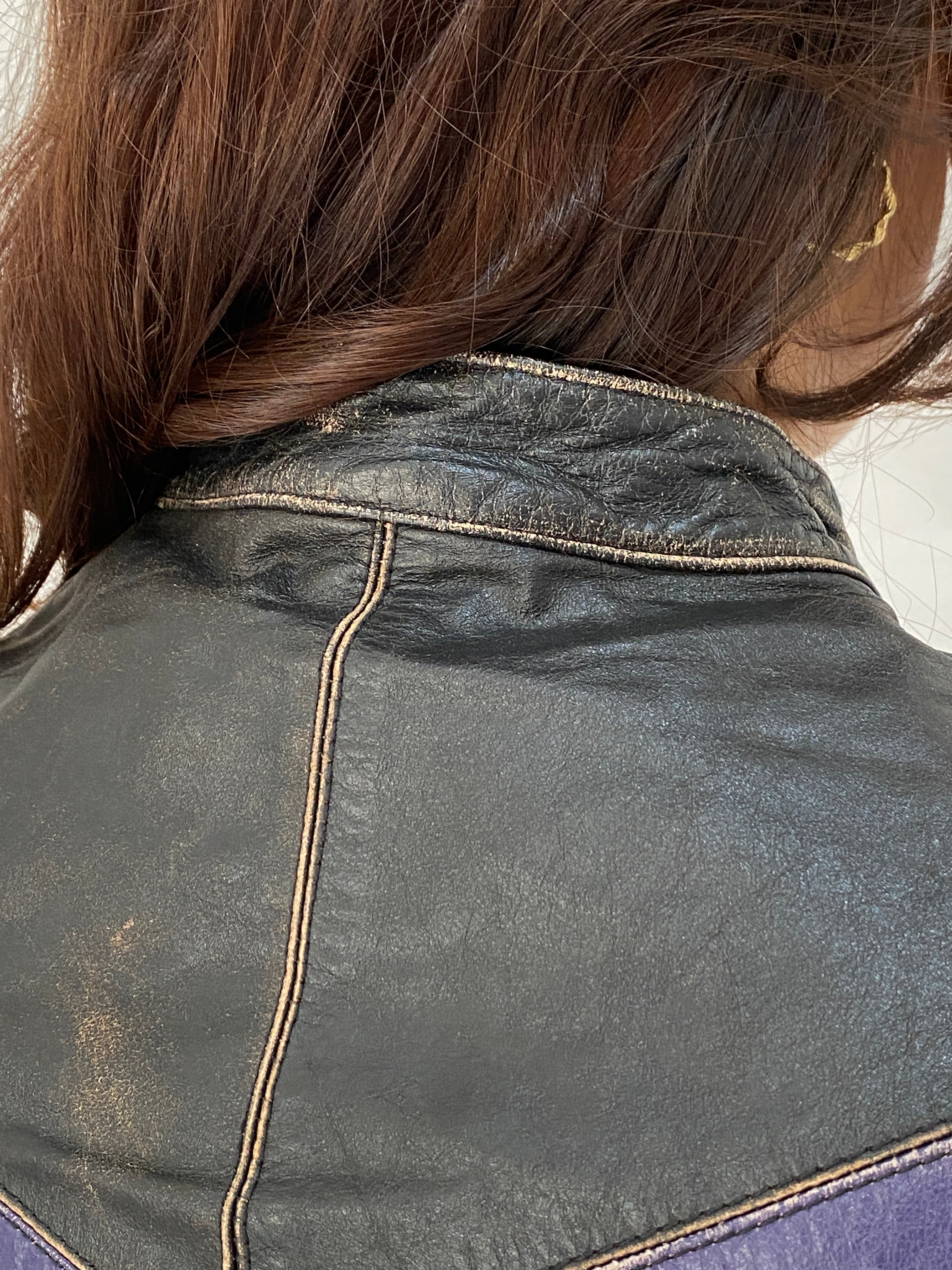 Vintage Miss Sixty Distressed Genuine Leather Moto Jacket Y2K Chevron Colorblock Biker - M