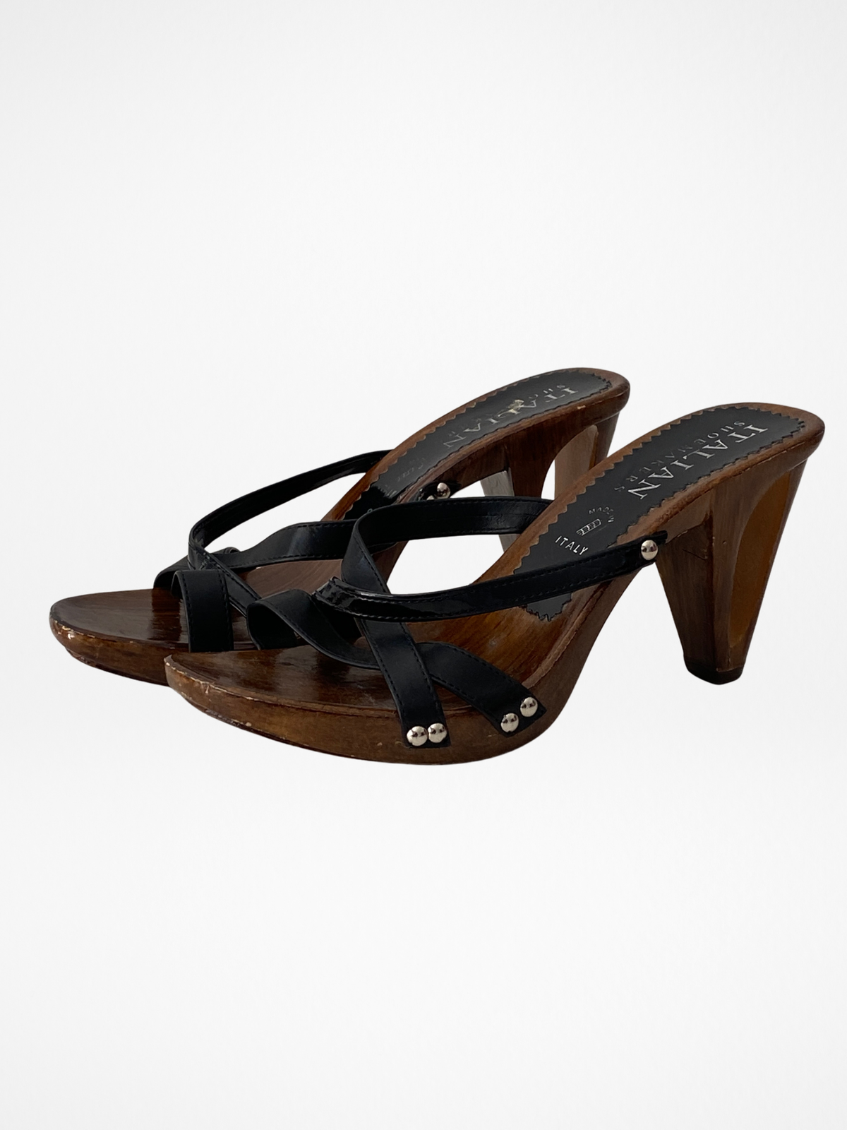 Vintage Y2K Italian Shoemakers Made in Italy Black Strappy Wooden Clog Heels - 39 EU