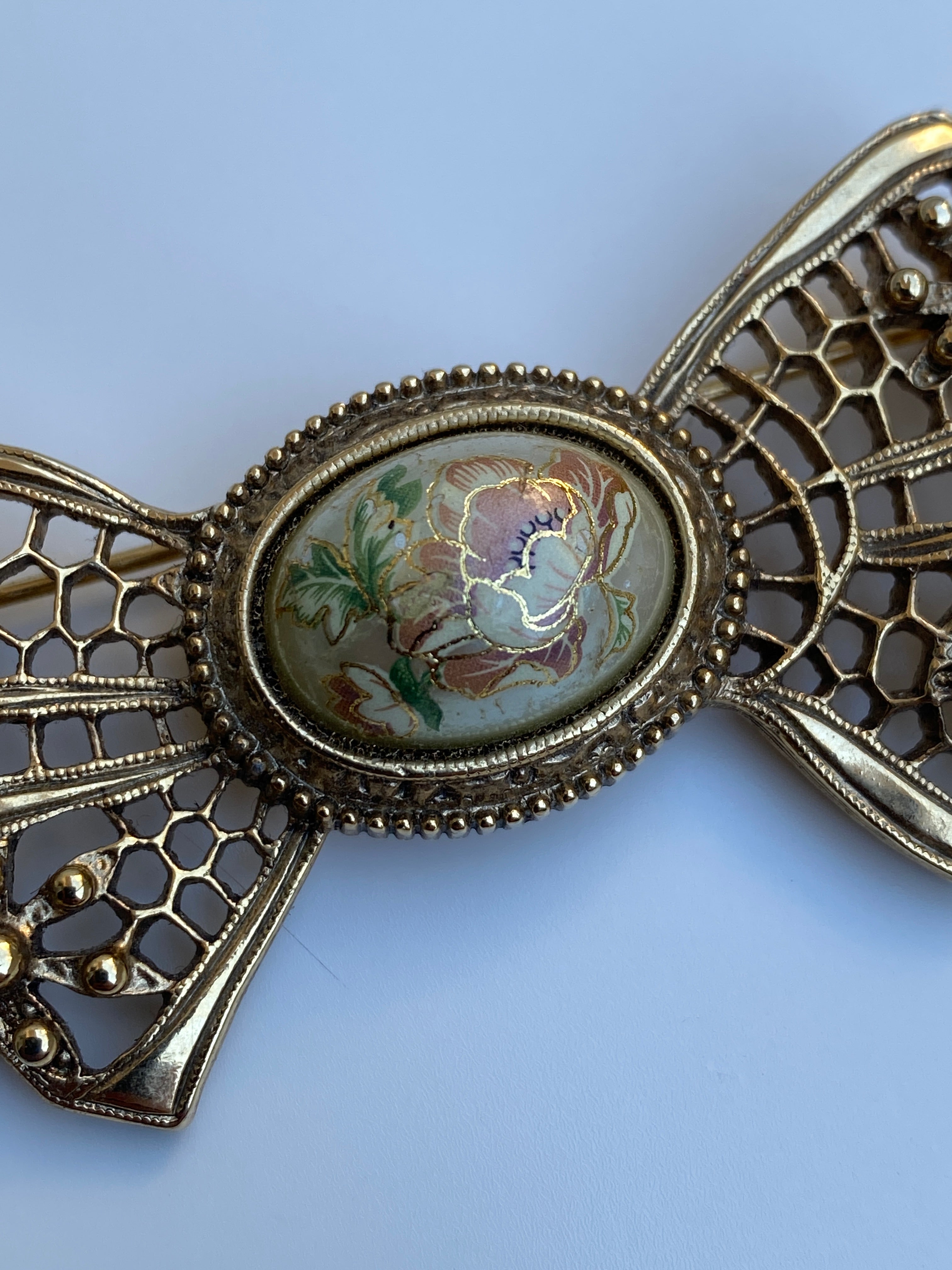 Vintage Victorian Revival Gold Tone Filigree Bow Brooch with Floral Cabochon