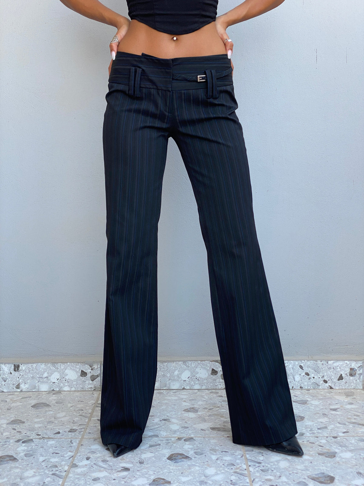 Vintage Y2K EXTYN Black Pinstripe Low Rise Flared Office Pants – S
