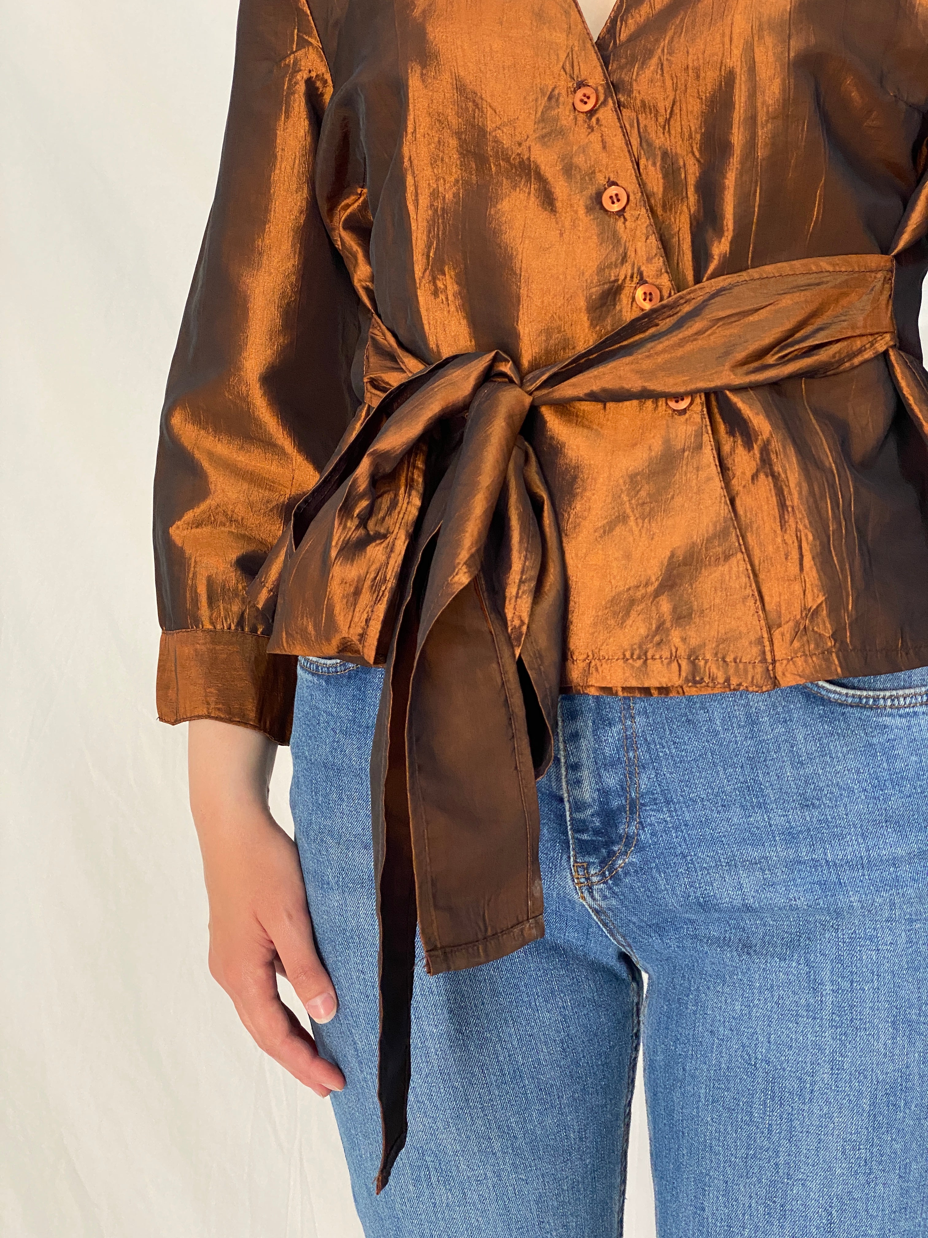 Vintage Pleno Bronze Metallic Wrap Blouse Tie Waist Shimmer Top - L