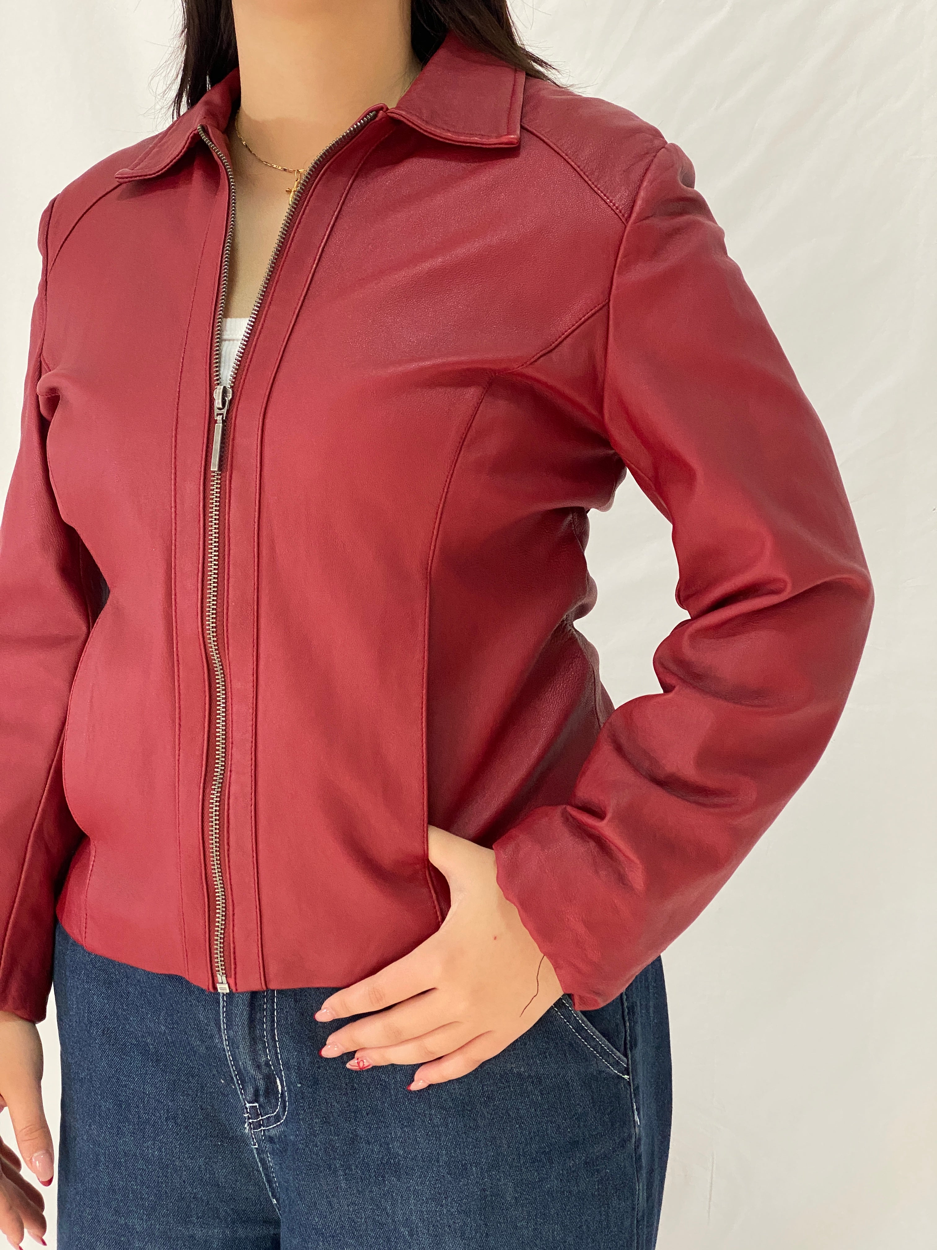 Vintage Adler Collection Burgundy Genuine Leather Zip-Up Jacket Tailored Women’s Leather Jacket – L