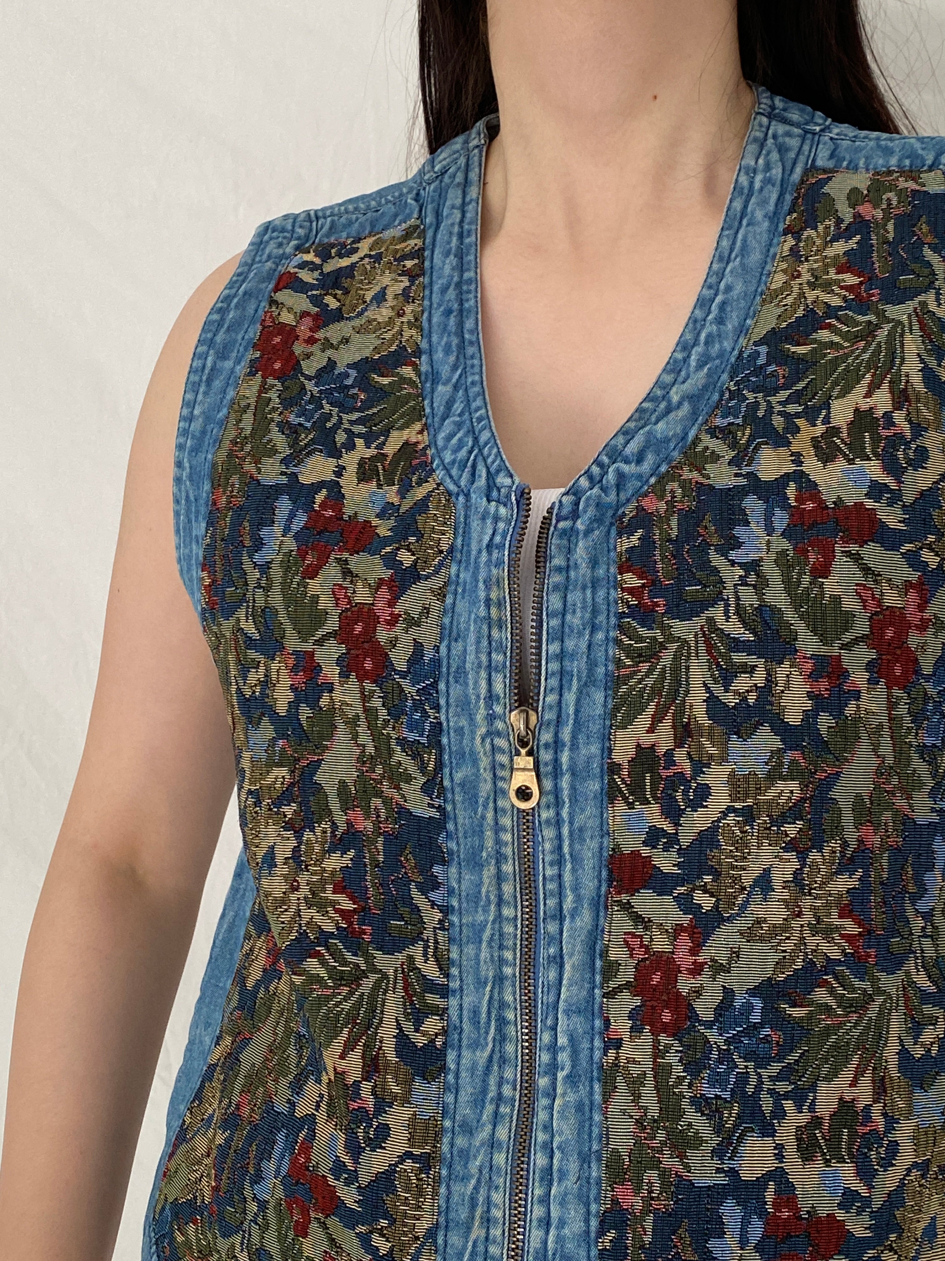 Vintage New Direction 90s Floral Tapestry Denim Vest Zip Up Waistcoat – L