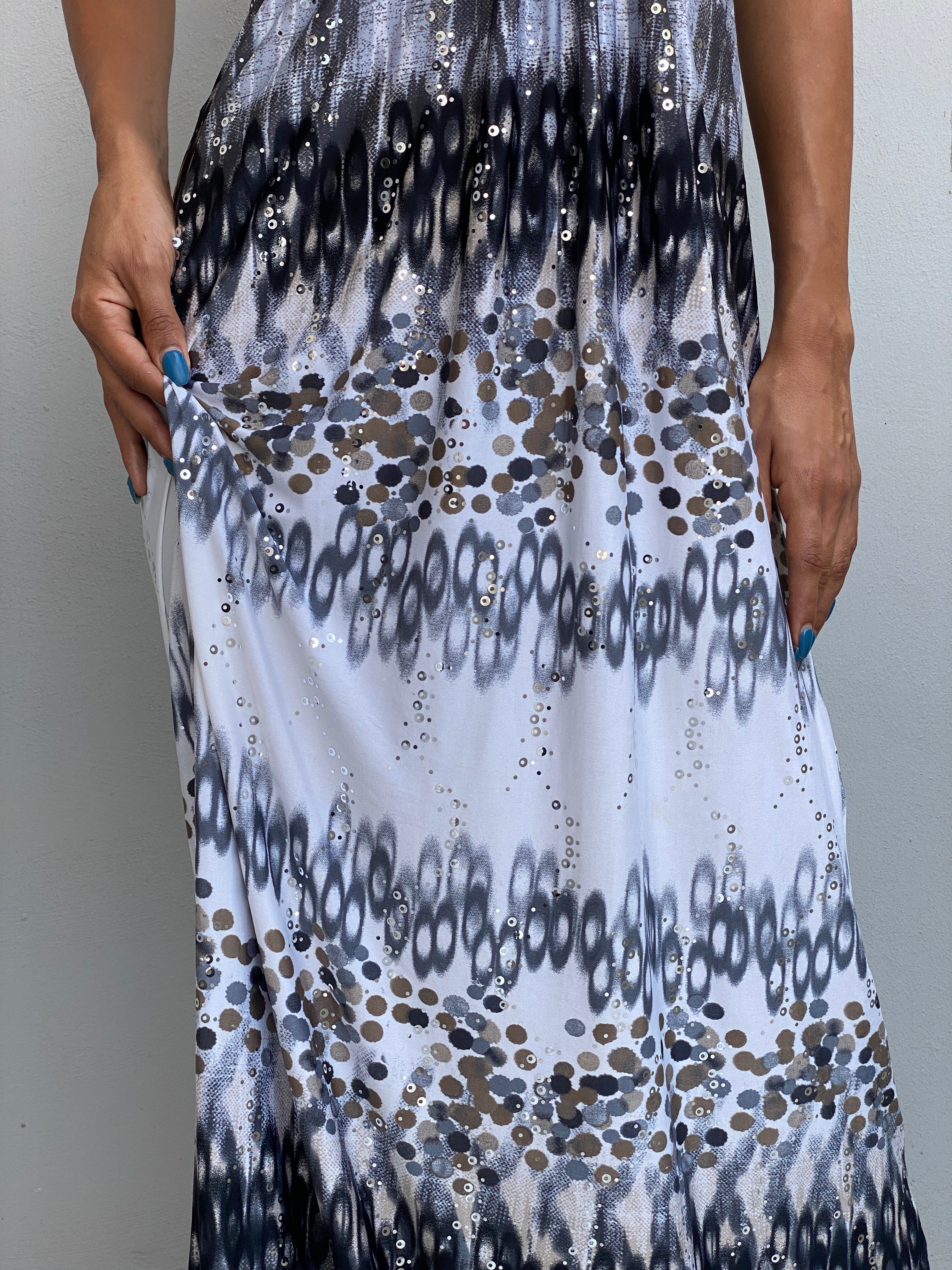 Vintage Y2K Evita Grey Black Sequin Halter Neck Maxi Dress - S