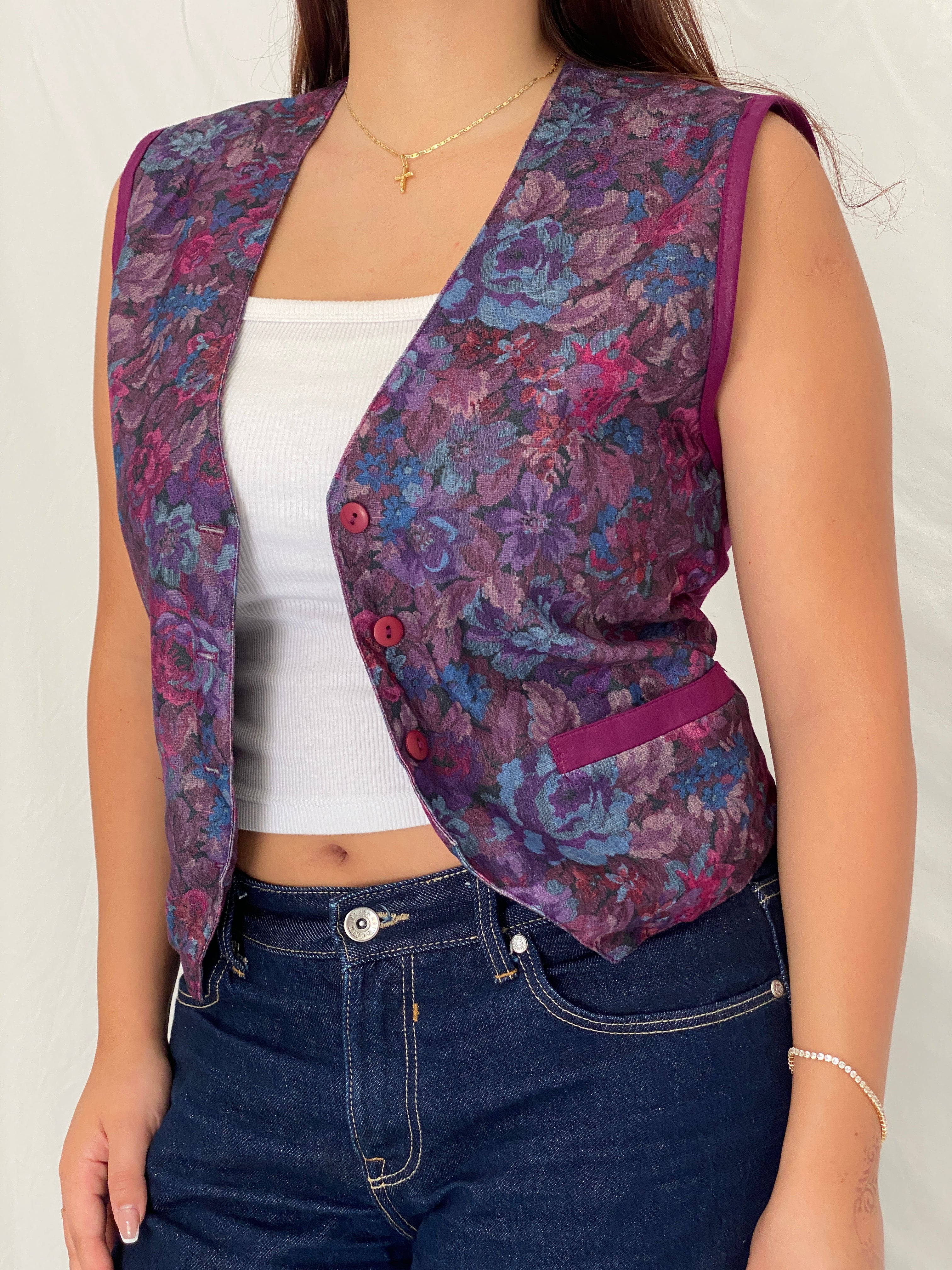Vintage 90s Pierre Lamonte Purple Waistcoat Floral Button Vest – M