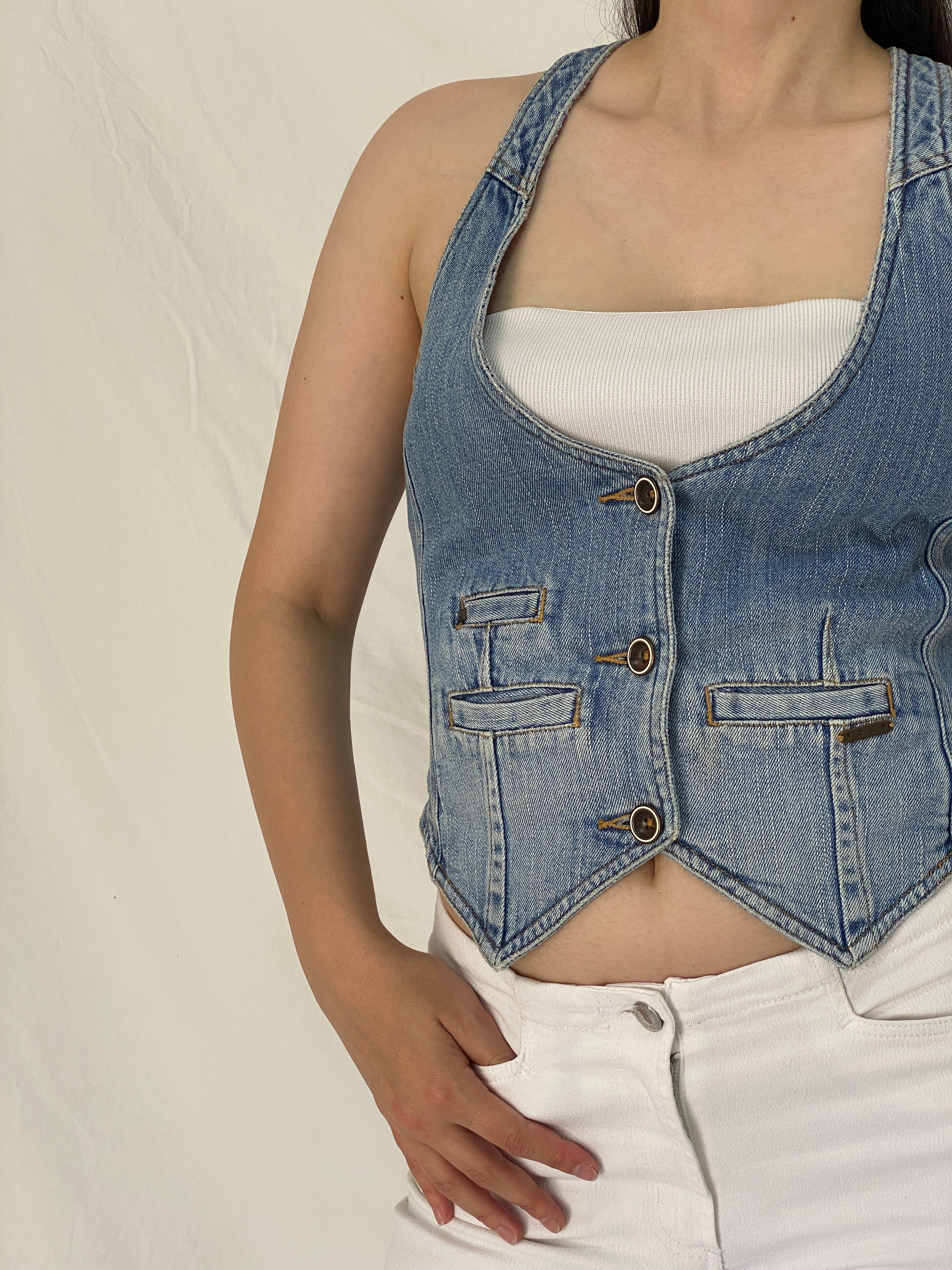 Vintage Y2K Roxy Blue Denim Racerback Button Front Vest Top - M