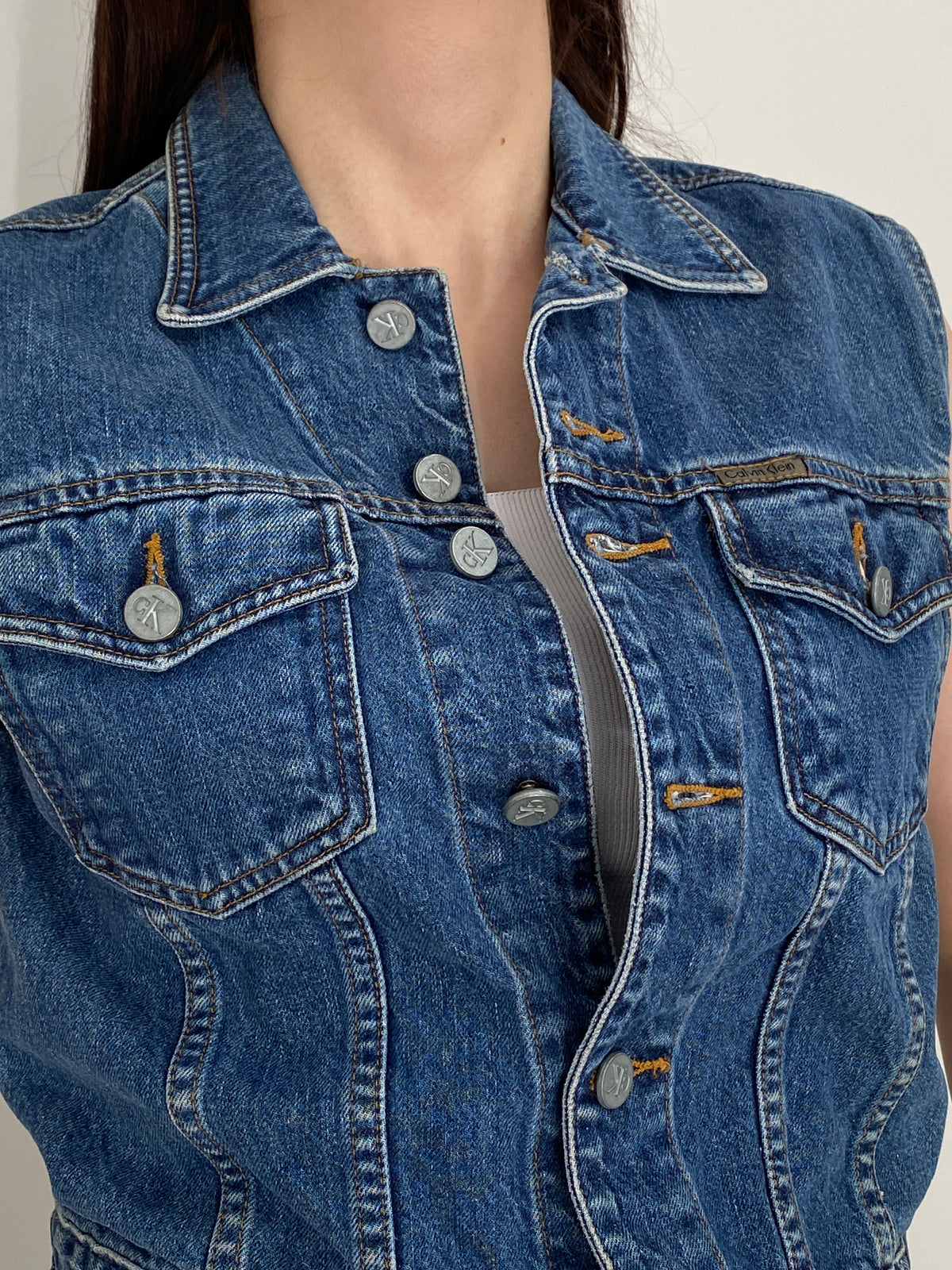 Vintage 90s Calvin Klein Jeans Blue Cotton Denim Cropped Vest - M