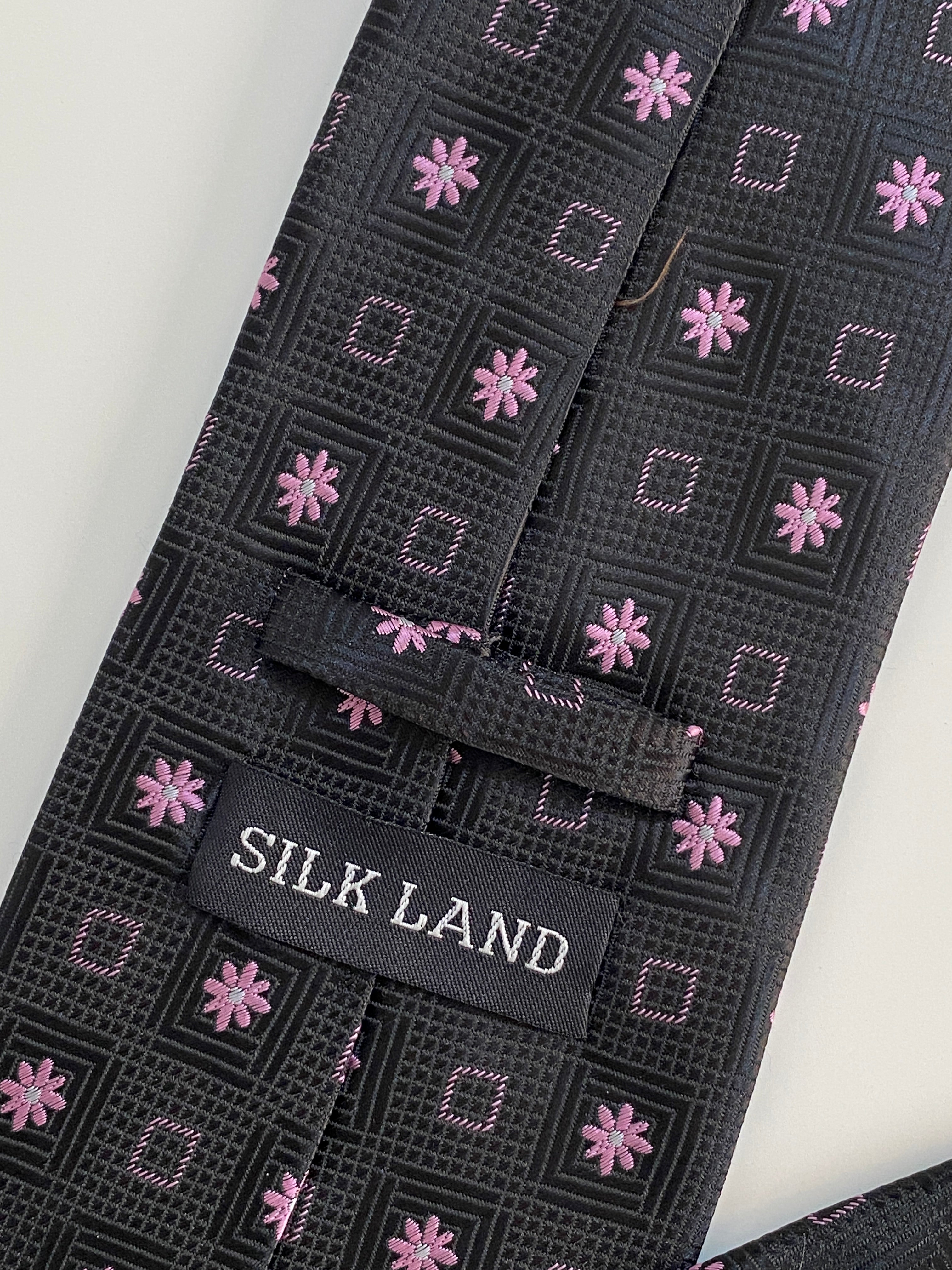Vintage Silk Land Black with Pink Floral Geometric Pattern Tie