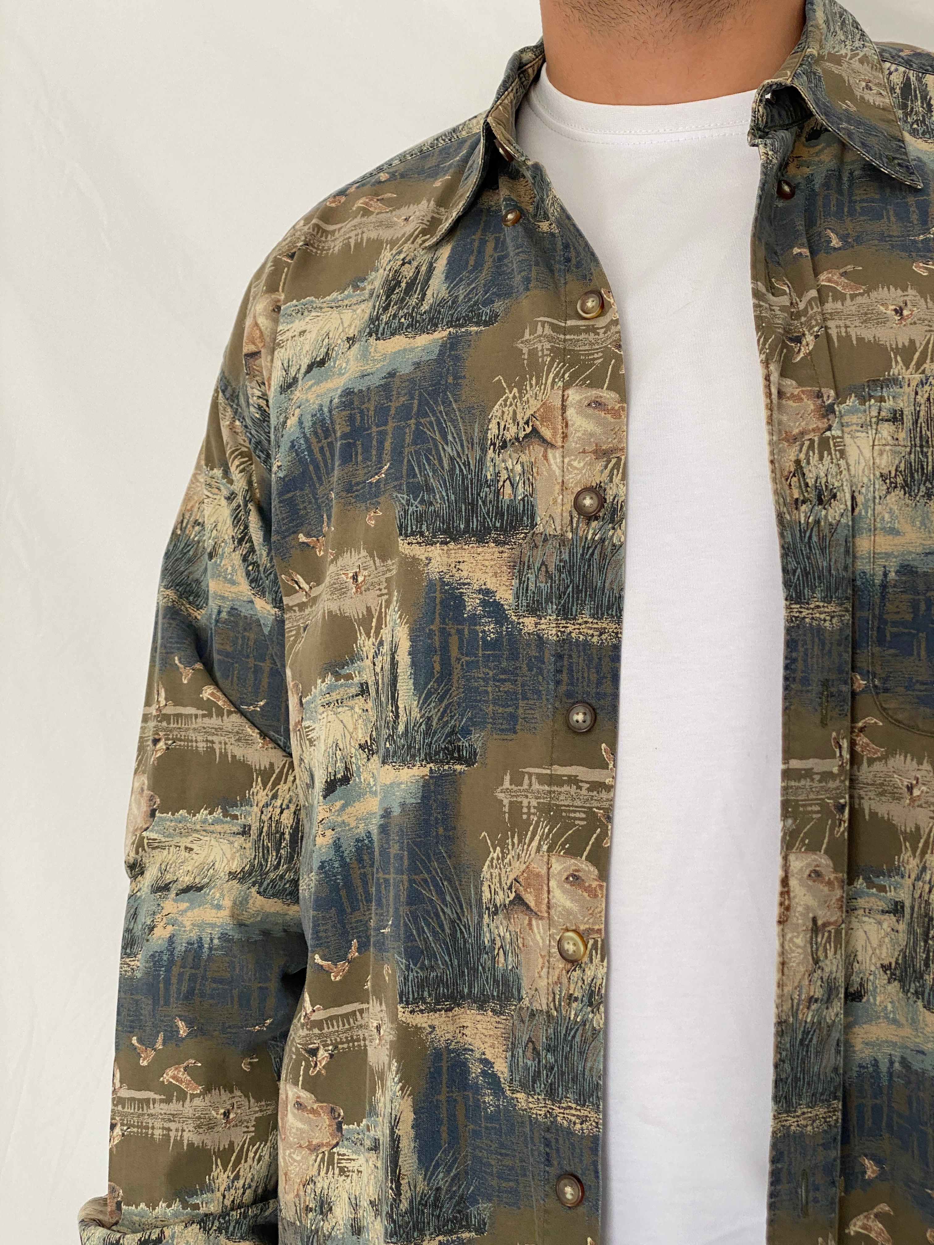 Vintage Woodland Trail Camo Hunting Cotton Button-Up Shirt – XL