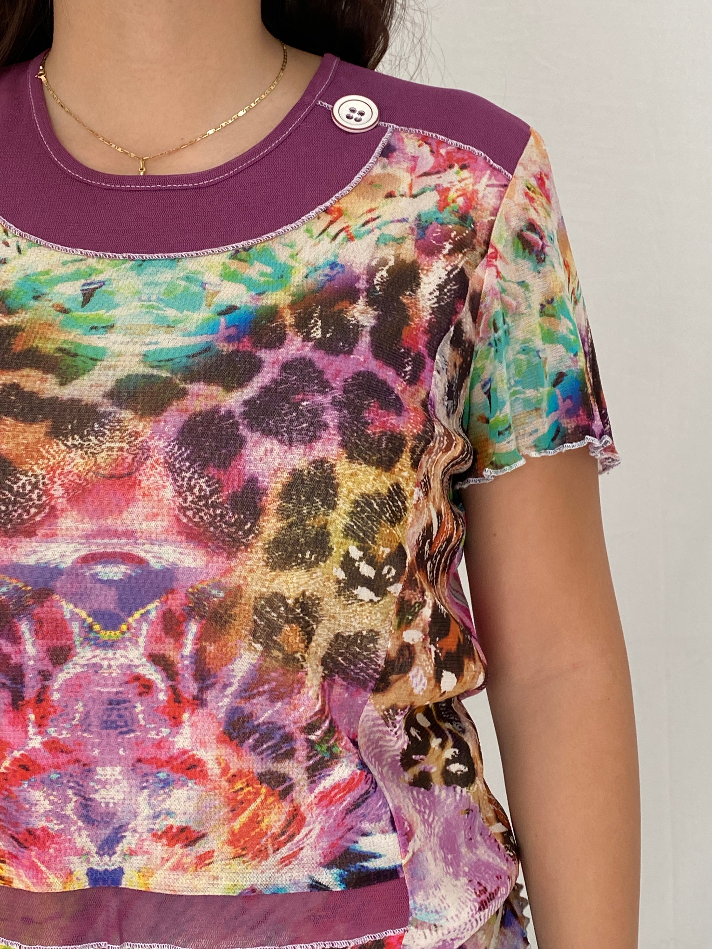 Vintage 90s Gevana Made in France Mesh Print Top Colorful Sheer Abstract Leopard Tee - L