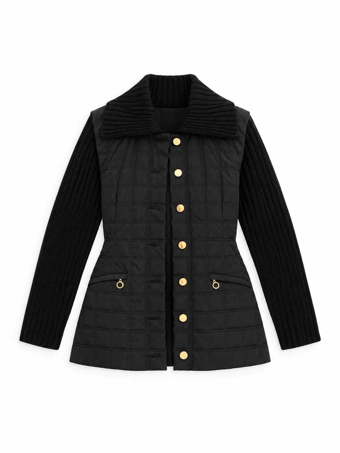 Vintage 90s Laurèl Black Quilted Jacket with Wool Knit Sleeves & Gold Buttons – M