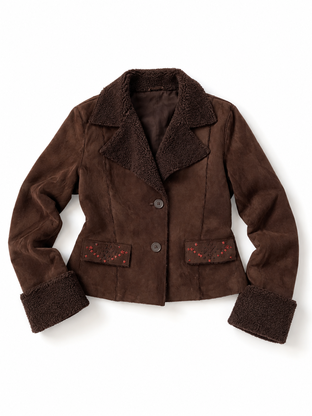 Y2K Together Brown Faux Suede Teddy Trim Jacket - L