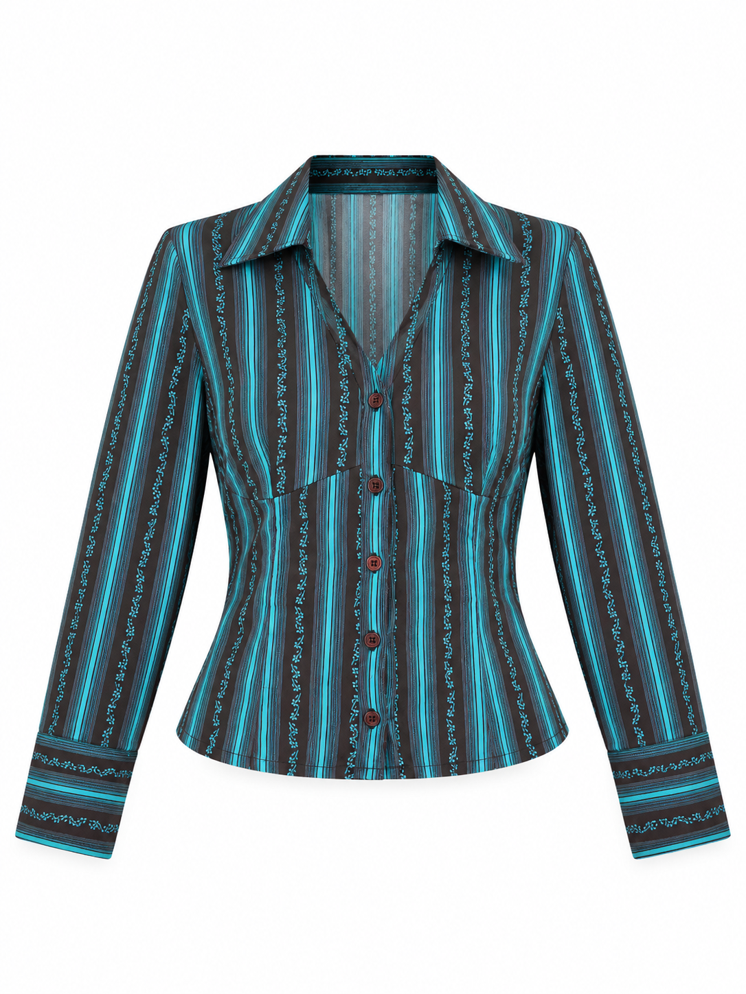 Vintage Y2K Style Turquoise & Brown Striped Fitted Button-Up Shirt - M