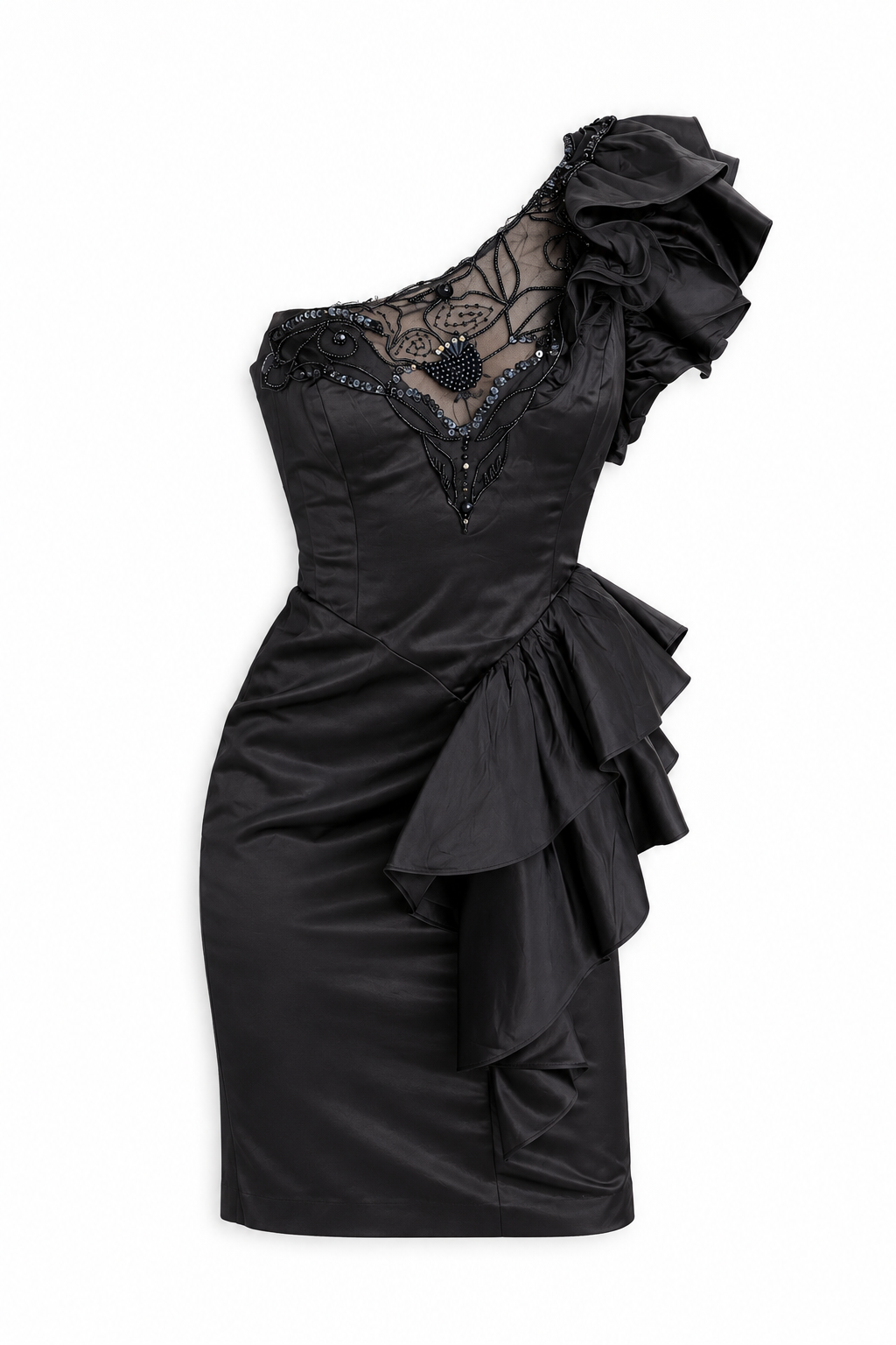 Vintage 80s Climax Karen Okada for David Howard Black Acetate One-Shoulder Beaded Ruffle Cocktail Dress - XS