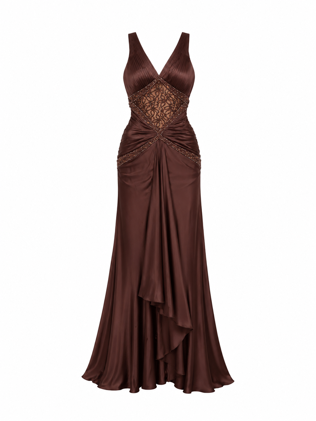 Vintage Y2K Alyce Designs Brown Satin Beaded Lace Cutout Formal Maxi Dress - XS