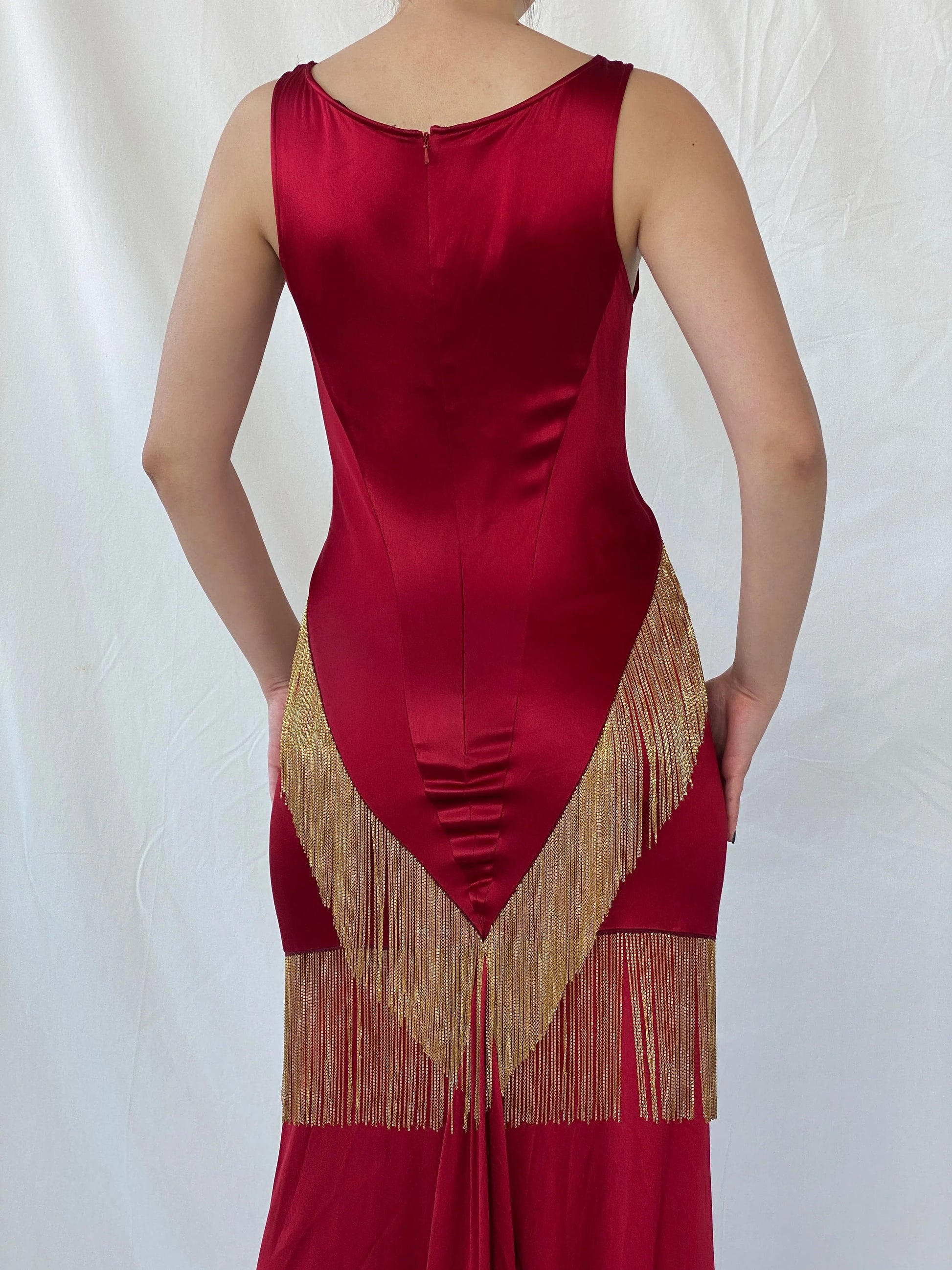 Absolutely Beautiful Ranjana Khan Burgundy Silk Gold Metal Fringe Sleeveless V-Neck Gown - S - Balagan Vintage Maxi Dress Ayah, consignment, dress, maxi dress, Sadouf, Wedding Guest, winter