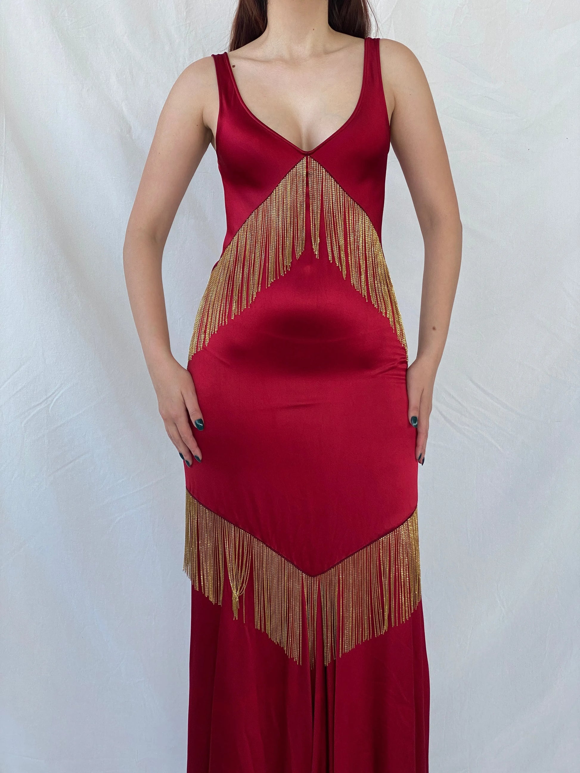 Absolutely Beautiful Ranjana Khan Burgundy Silk Gold Metal Fringe Sleeveless V-Neck Gown - S - Balagan Vintage Maxi Dress Ayah, consignment, dress, maxi dress, Sadouf, Wedding Guest, winter