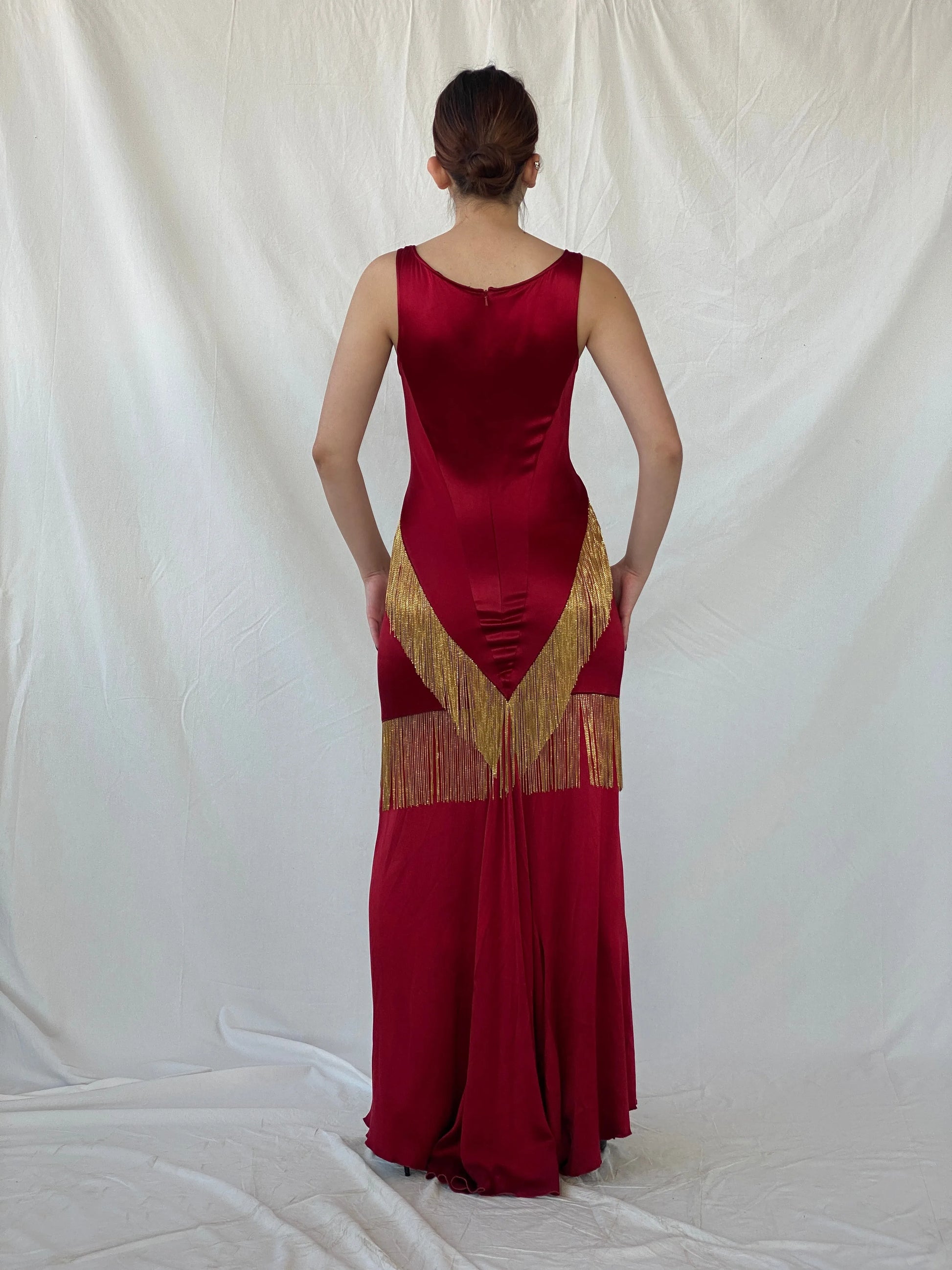 Absolutely Beautiful Ranjana Khan Burgundy Silk Gold Metal Fringe Sleeveless V-Neck Gown - S - Balagan Vintage Maxi Dress Ayah, consignment, dress, maxi dress, Sadouf, Wedding Guest, winter