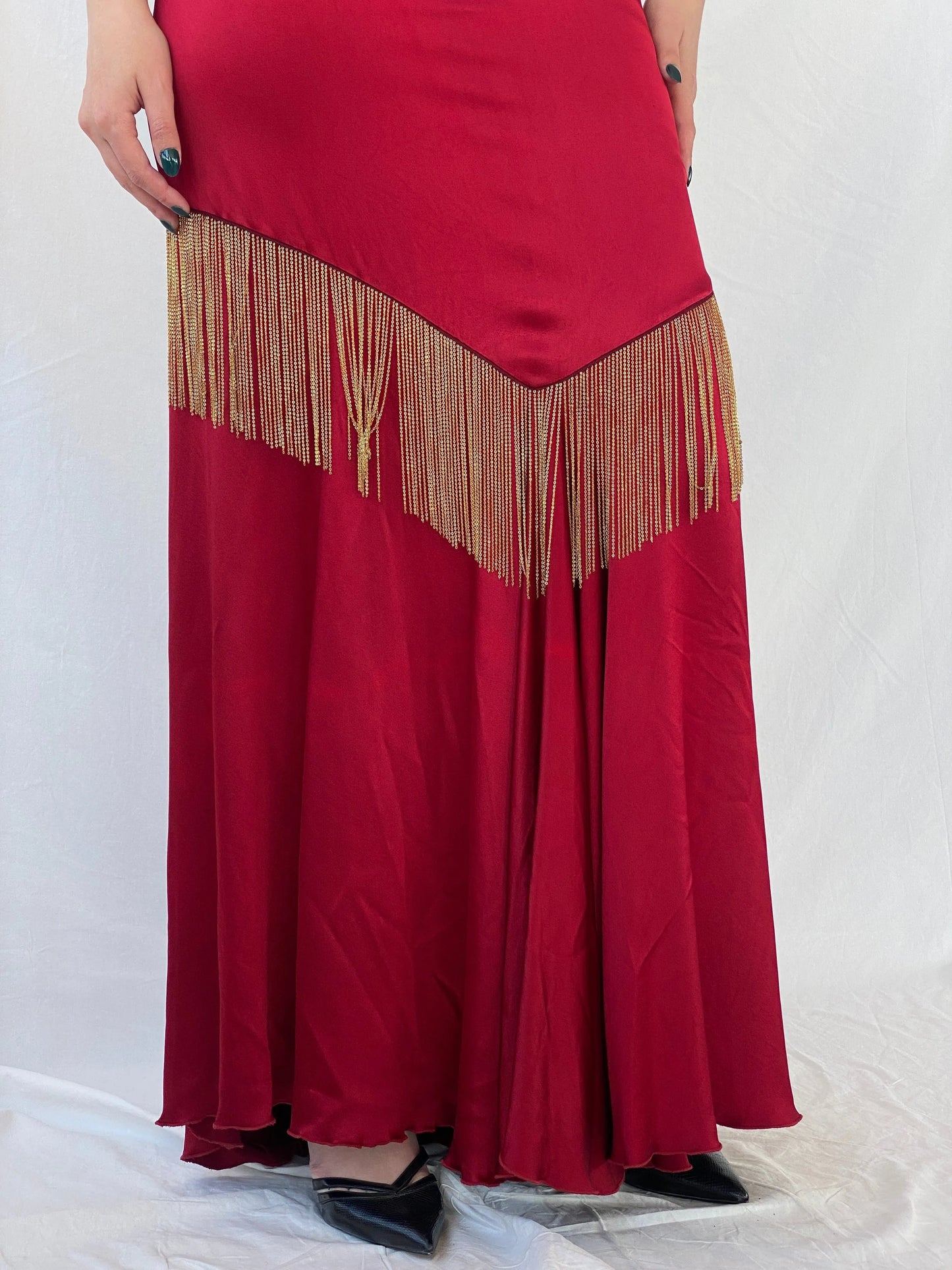 Absolutely Beautiful Ranjana Khan Burgundy Silk Gold Metal Fringe Sleeveless V-Neck Gown - S - Balagan Vintage Maxi Dress Ayah, consignment, dress, maxi dress, Sadouf, Wedding Guest, winter