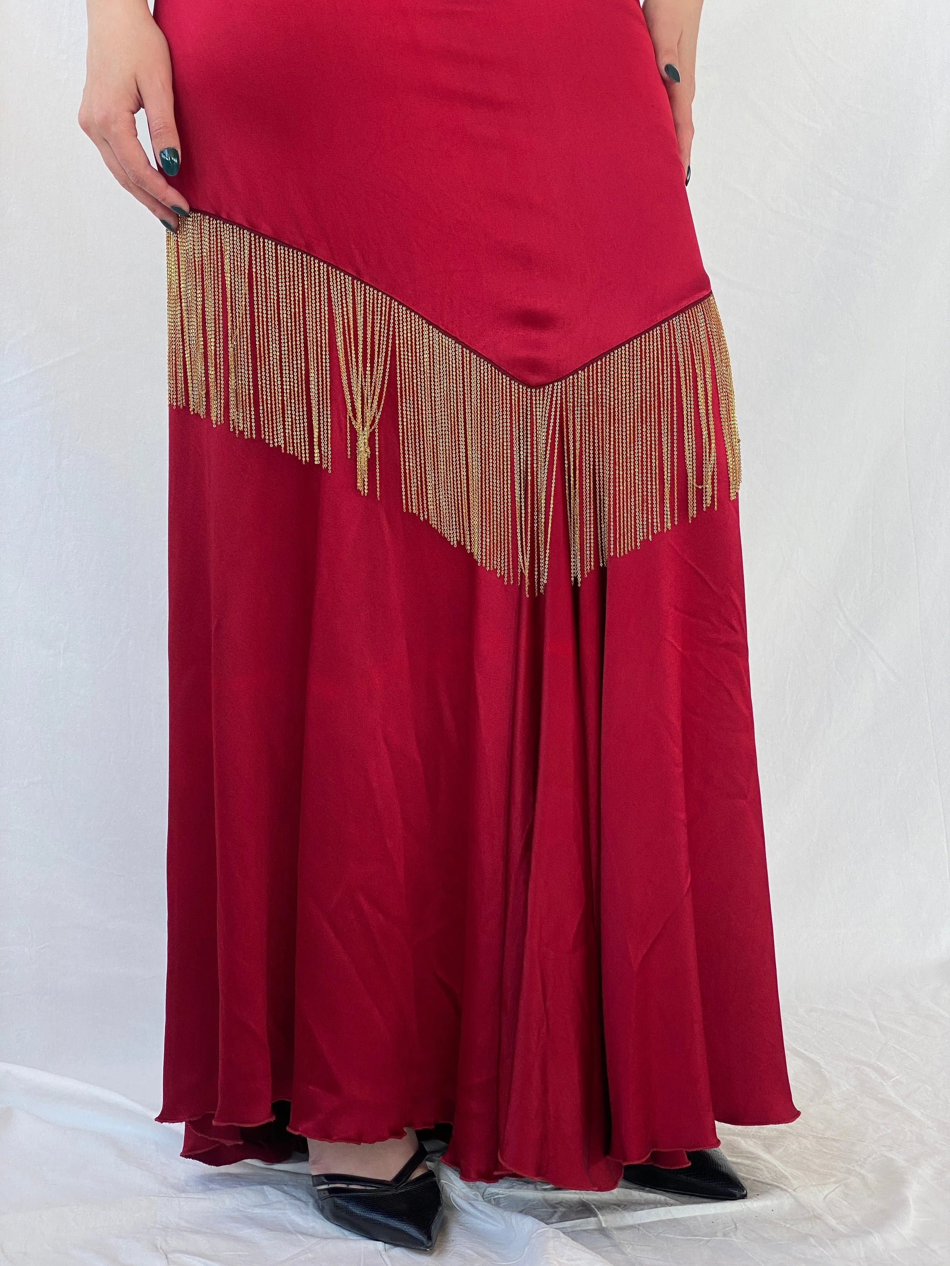 Absolutely Beautiful Ranjana Khan Burgundy Silk Gold Metal Fringe Sleeveless V-Neck Gown - S - Balagan Vintage Maxi Dress Ayah, consignment, dress, maxi dress, Sadouf, Wedding Guest, winter