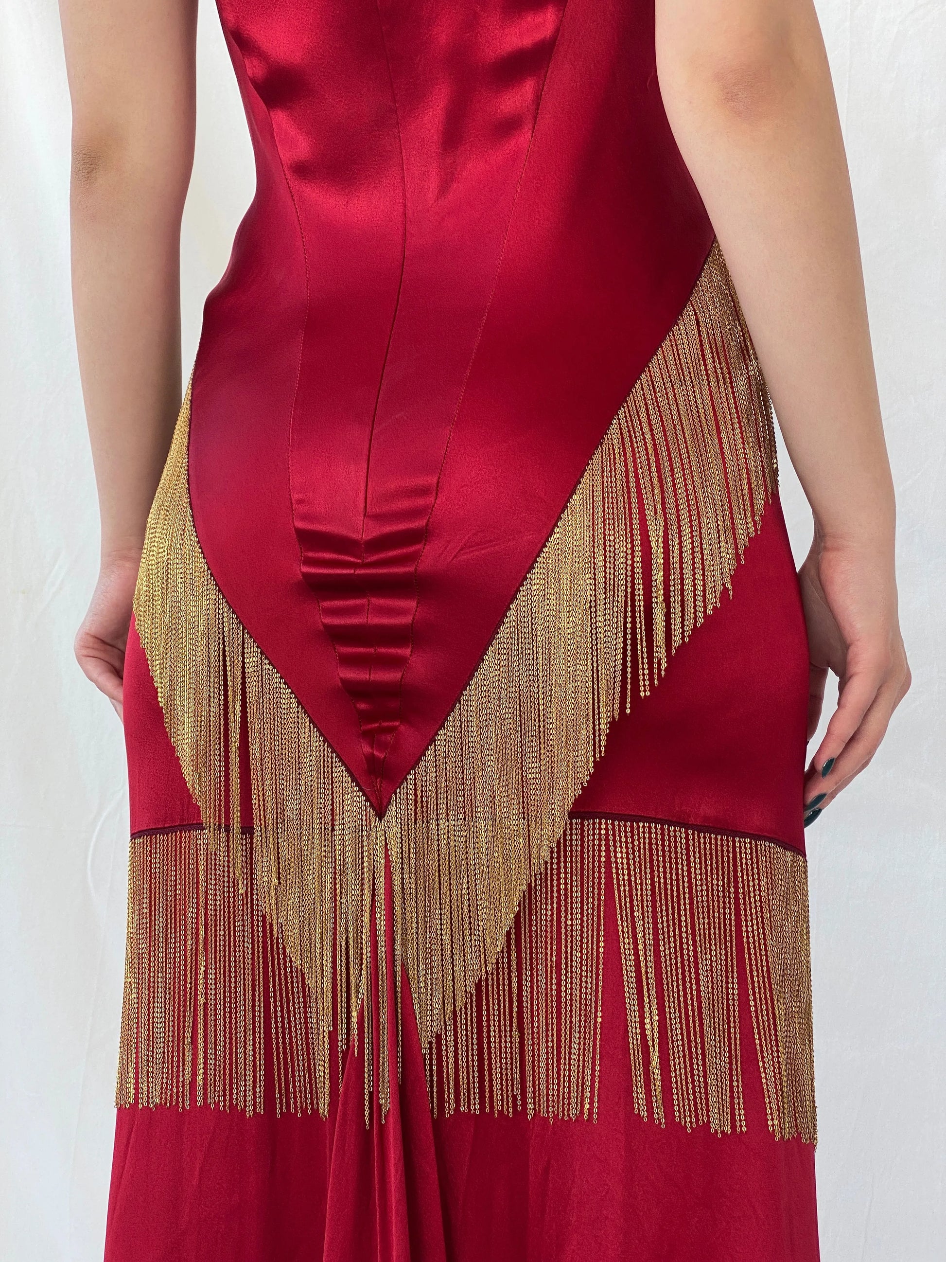 Absolutely Beautiful Ranjana Khan Burgundy Silk Gold Metal Fringe Sleeveless V-Neck Gown - S - Balagan Vintage Maxi Dress Ayah, consignment, dress, maxi dress, Sadouf, Wedding Guest, winter