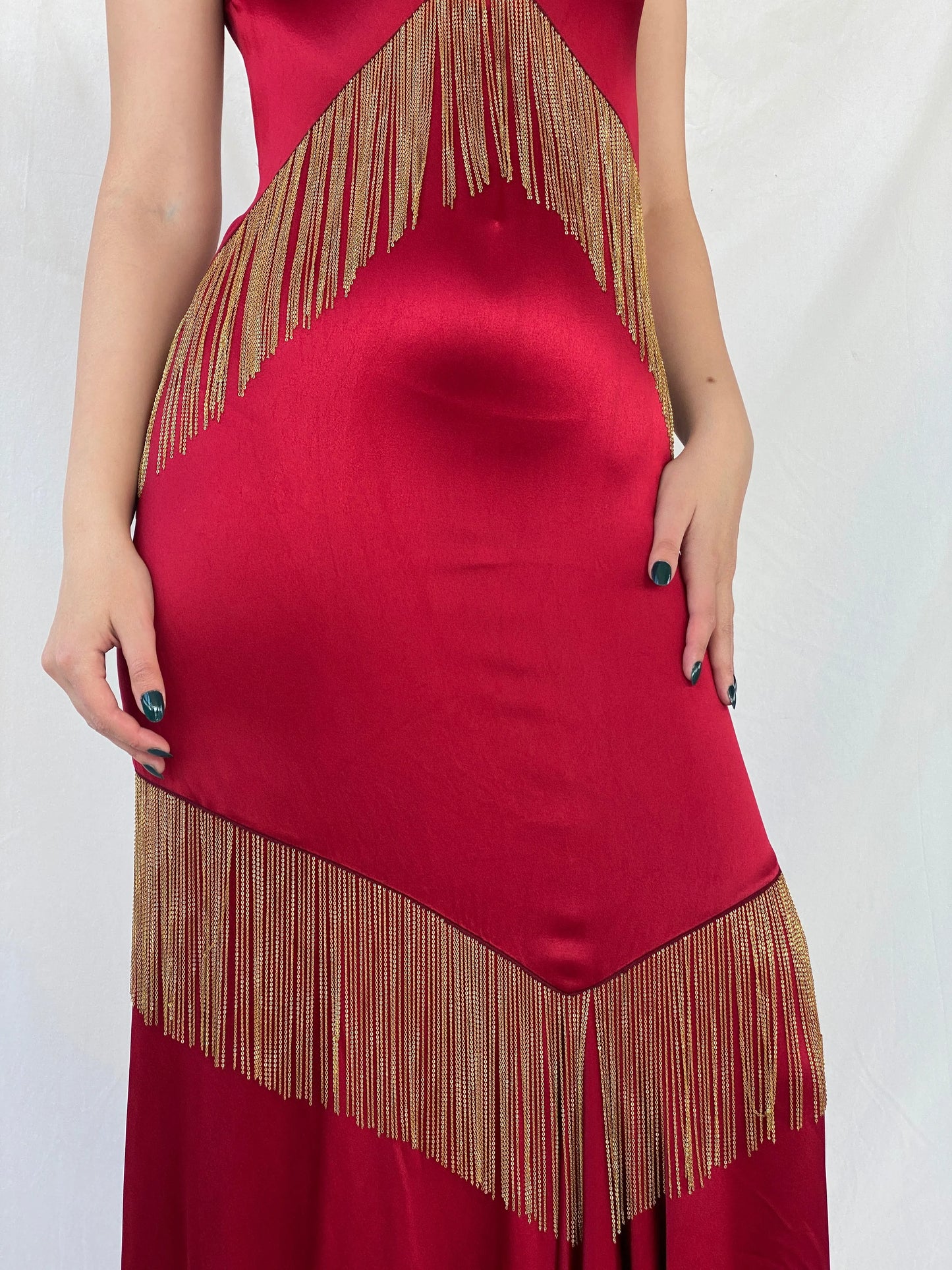 Absolutely Beautiful Ranjana Khan Burgundy Silk Gold Metal Fringe Sleeveless V-Neck Gown - S - Balagan Vintage Maxi Dress Ayah, consignment, dress, maxi dress, Sadouf, Wedding Guest, winter