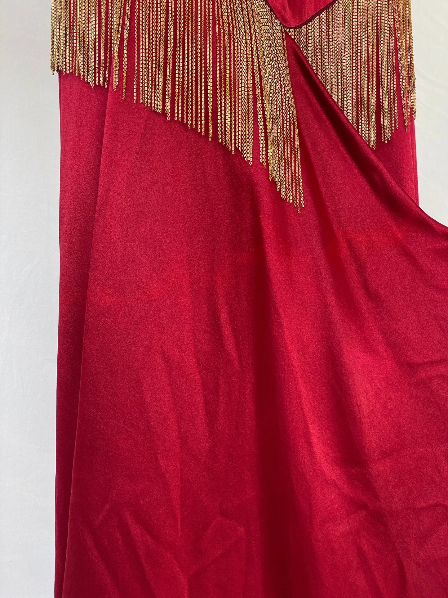 Absolutely Beautiful Ranjana Khan Burgundy Silk Gold Metal Fringe Sleeveless V-Neck Gown - S - Balagan Vintage Maxi Dress Ayah, consignment, dress, maxi dress, Sadouf, Wedding Guest, winter