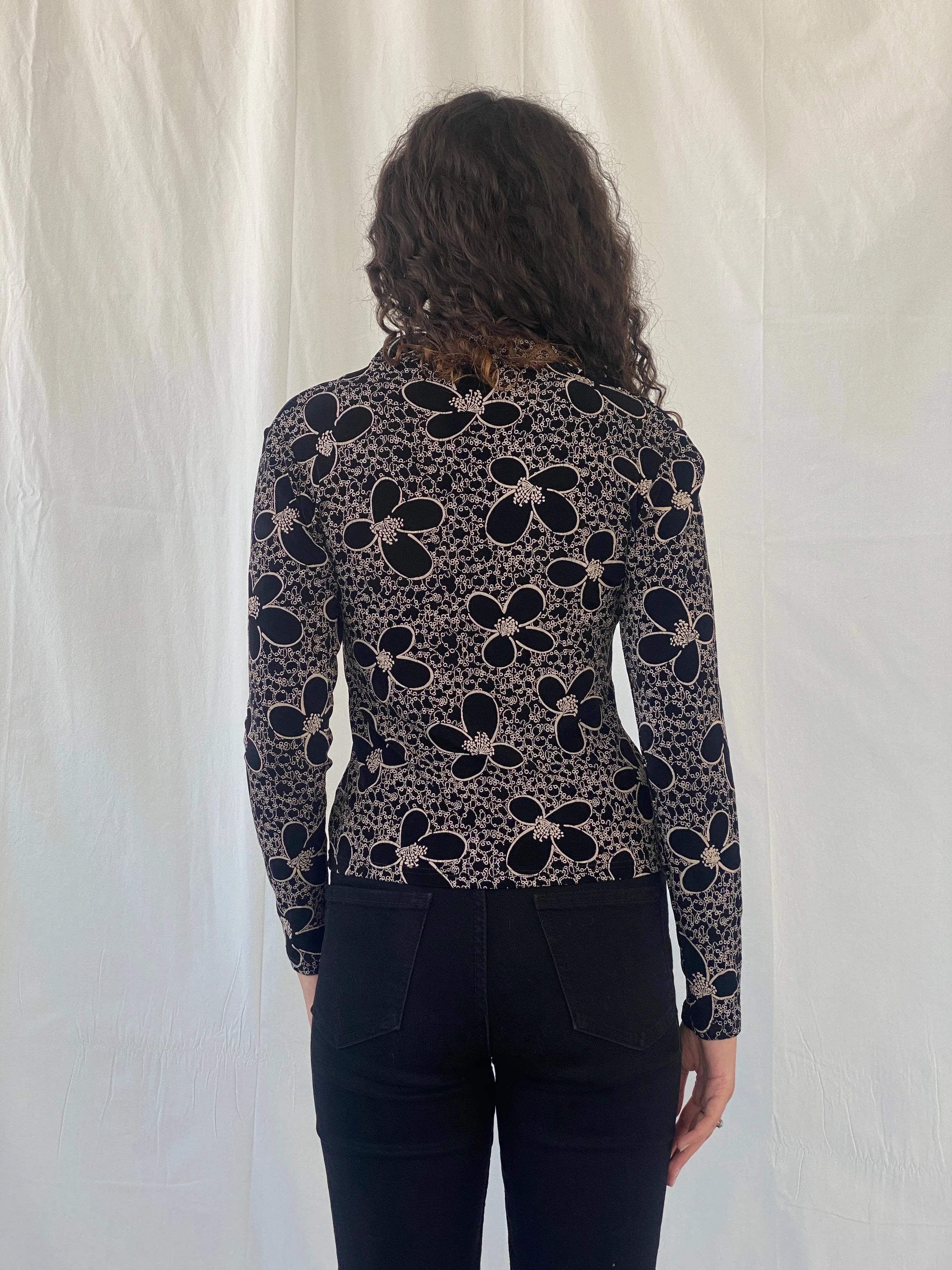 Adorable Y2K Lycra Only By Dupont Floral Button Up Full Sleeve Black Shirt - S - Balagan Vintage Full Sleeve Shirt 00s, Celine, full sleeve shirt, women top