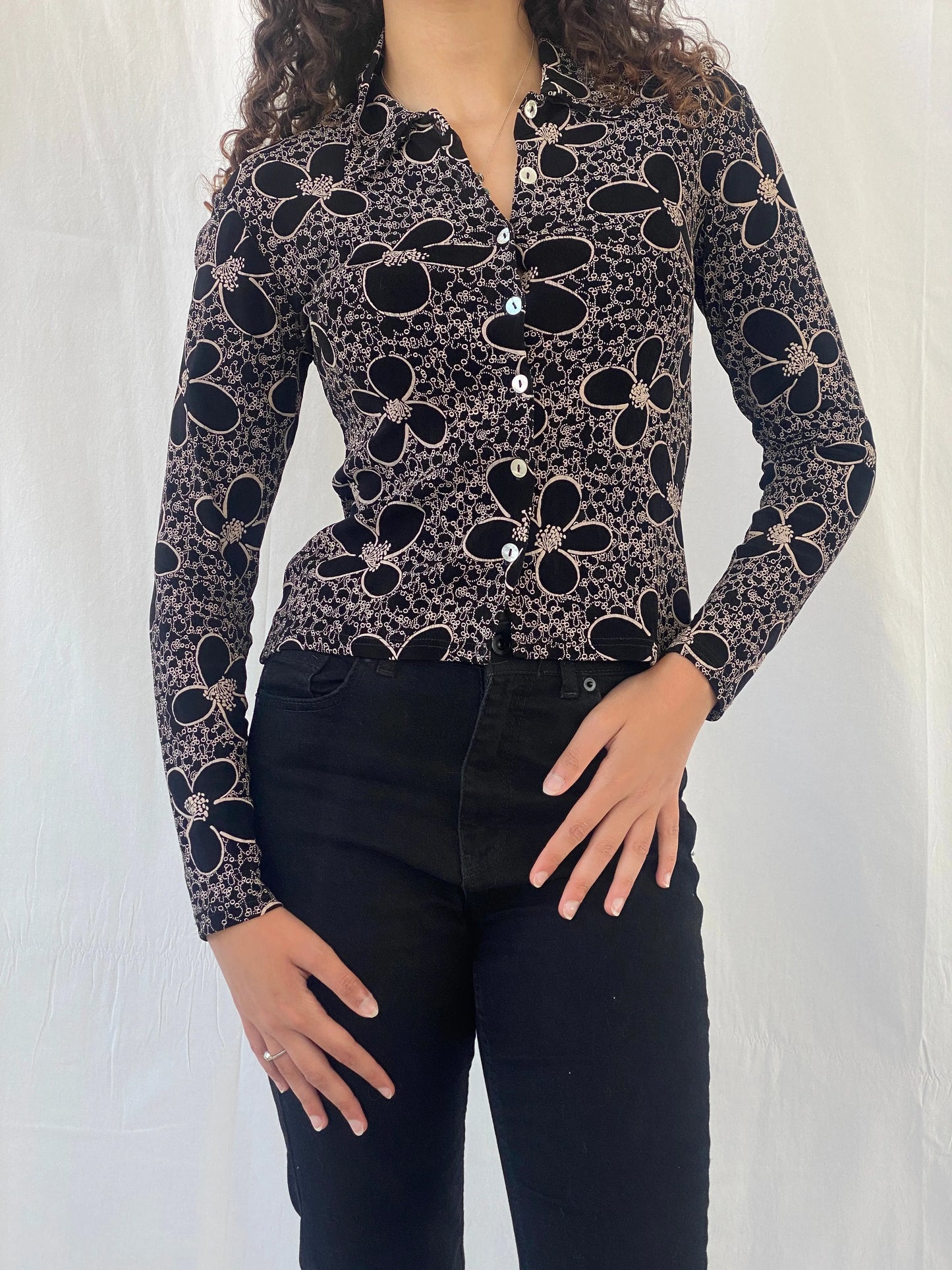 Adorable Y2K Lycra Only By Dupont Floral Button Up Full Sleeve Black Shirt - S - Balagan Vintage Full Sleeve Shirt 00s, Celine, full sleeve shirt, women top