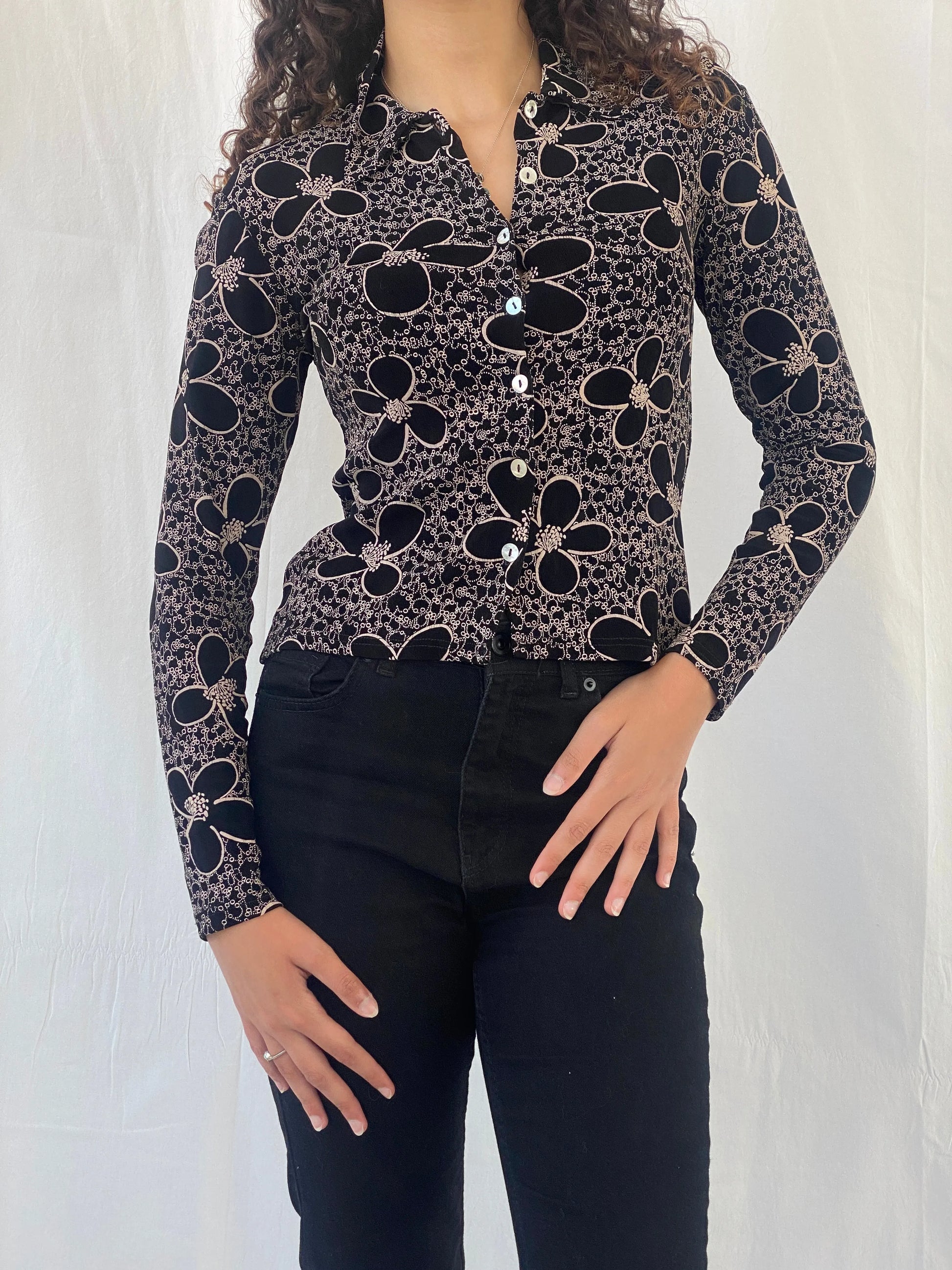 Adorable Y2K Lycra Only By Dupont Floral Button Up Full Sleeve Black Shirt - S - Balagan Vintage Full Sleeve Shirt 00s, Celine, full sleeve shirt, women top