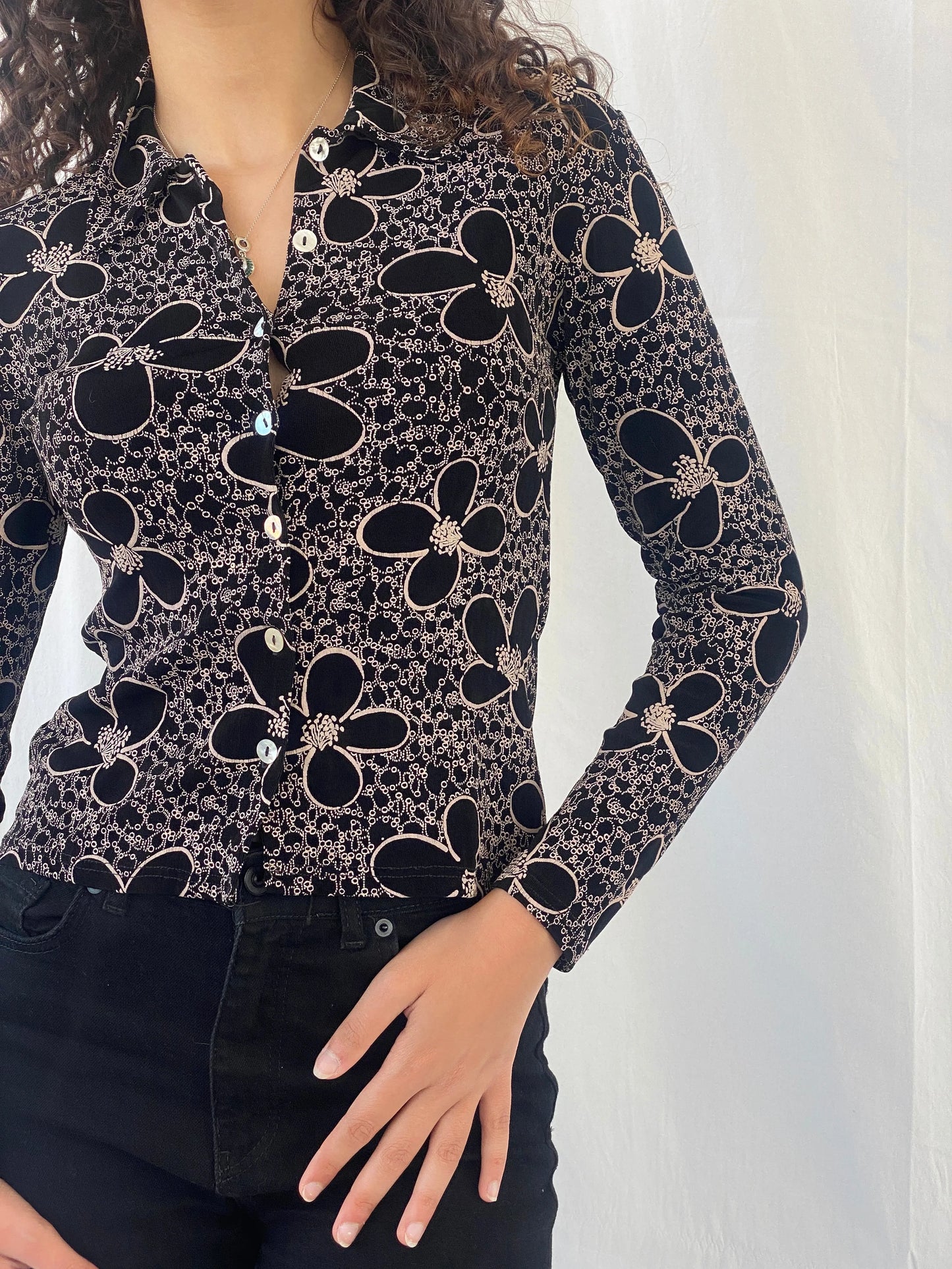 Adorable Y2K Lycra Only By Dupont Floral Button Up Full Sleeve Black Shirt - S - Balagan Vintage Full Sleeve Shirt 00s, Celine, full sleeve shirt, women top