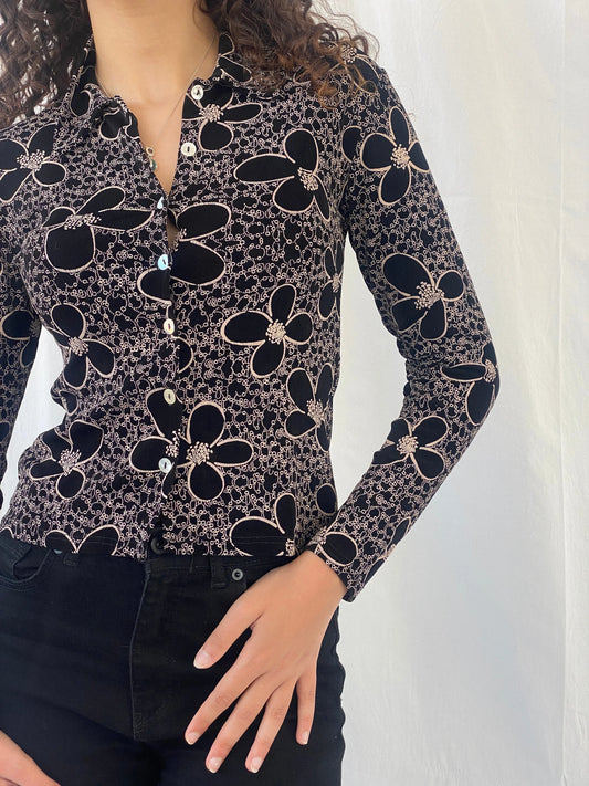 Adorable Y2K Lycra Only By Dupont Floral Button Up Full Sleeve Black Shirt - S - Balagan Vintage Full Sleeve Shirt 00s, Celine, full sleeve shirt, women top