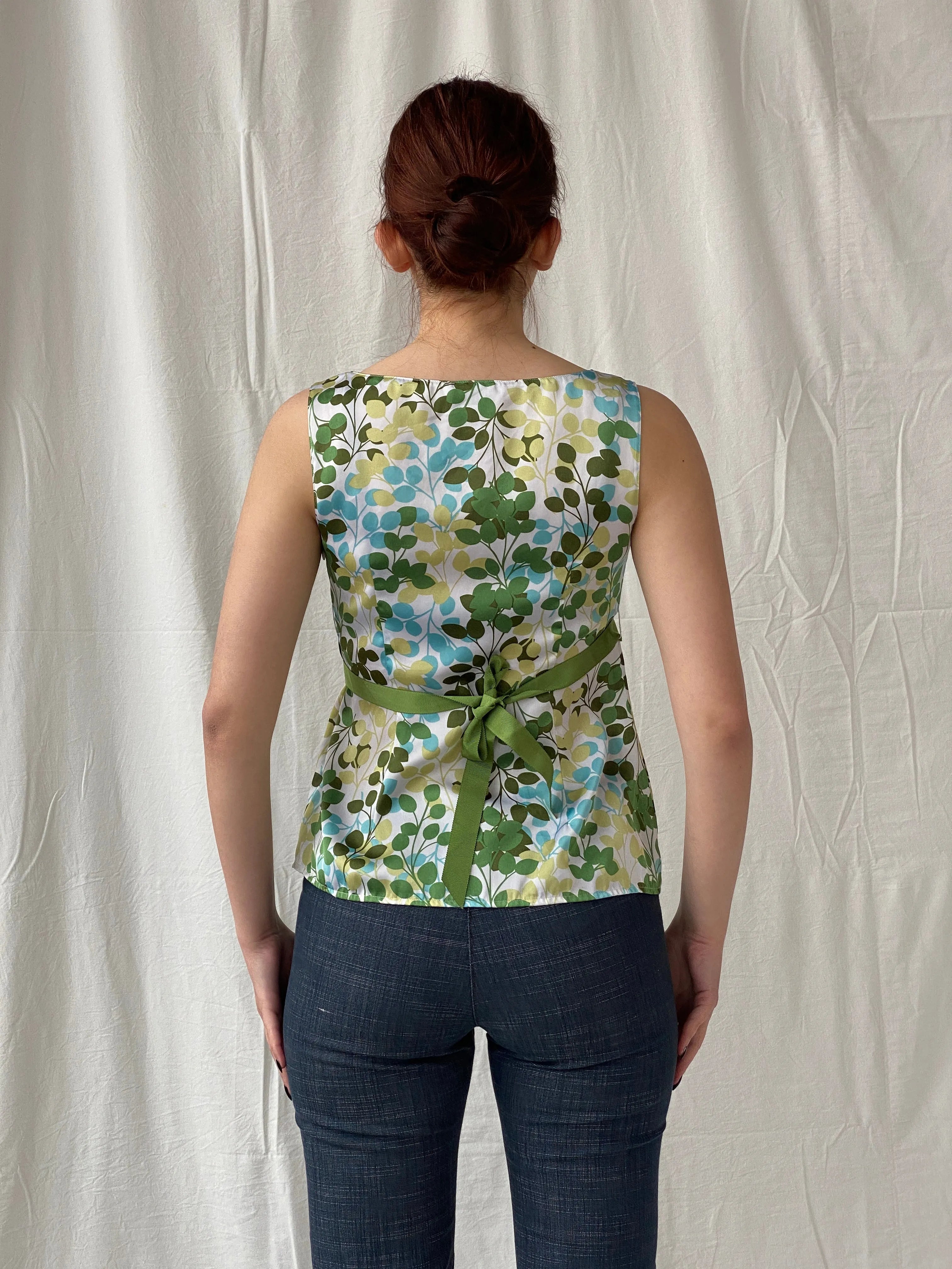 Ann Taylor LOFT Cottage Core Leaf Print Green Sleeveless Blouse - S - Balagan Vintage Sleeveless Top 00s, Ayah, floral, floral top, sheer, sleeveless top