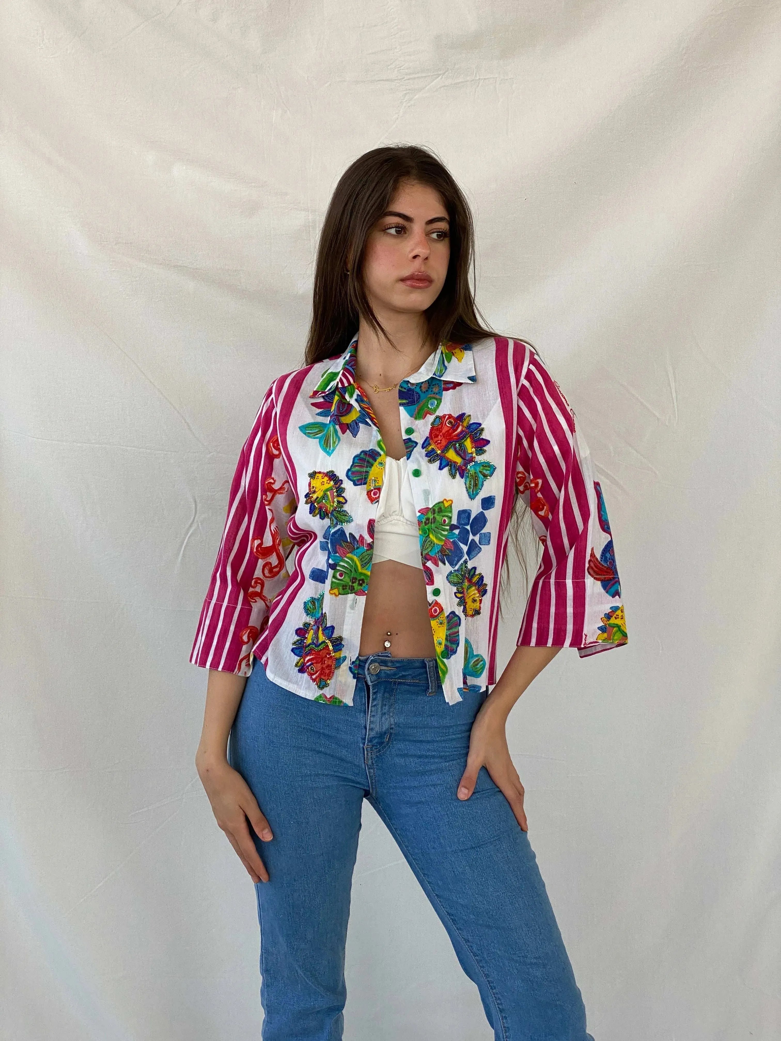 Antica Sartoria by Giacomo Cinque Beaded Fish Print Shirt - S - Balagan Vintage Full Sleeve Shirt 00s, cotton shirt, full sleeve shirt, Mira, women shirt, women top