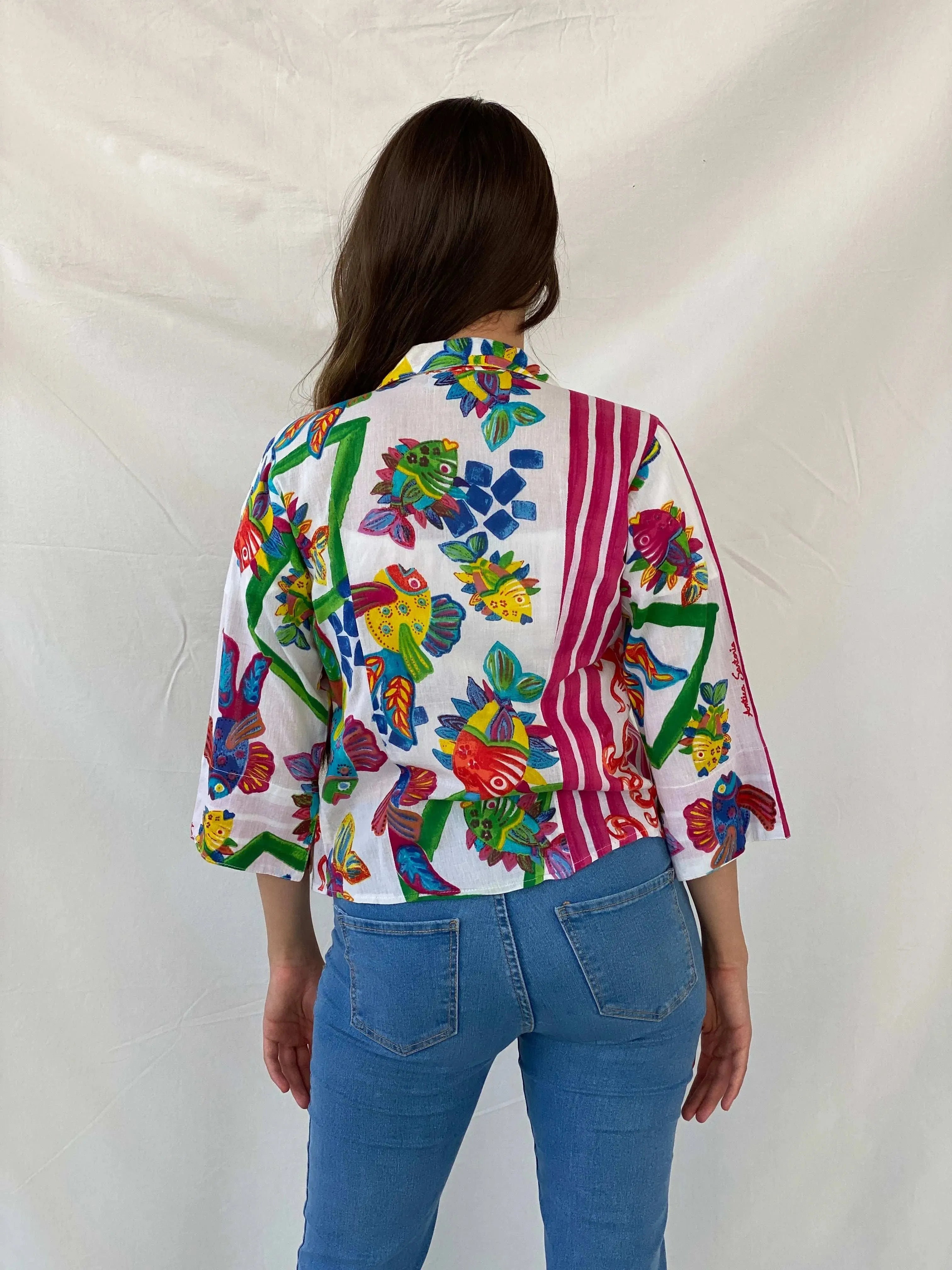 Antica Sartoria by Giacomo Cinque Beaded Fish Print Shirt - S - Balagan Vintage Full Sleeve Shirt 00s, cotton shirt, full sleeve shirt, Mira, women shirt, women top