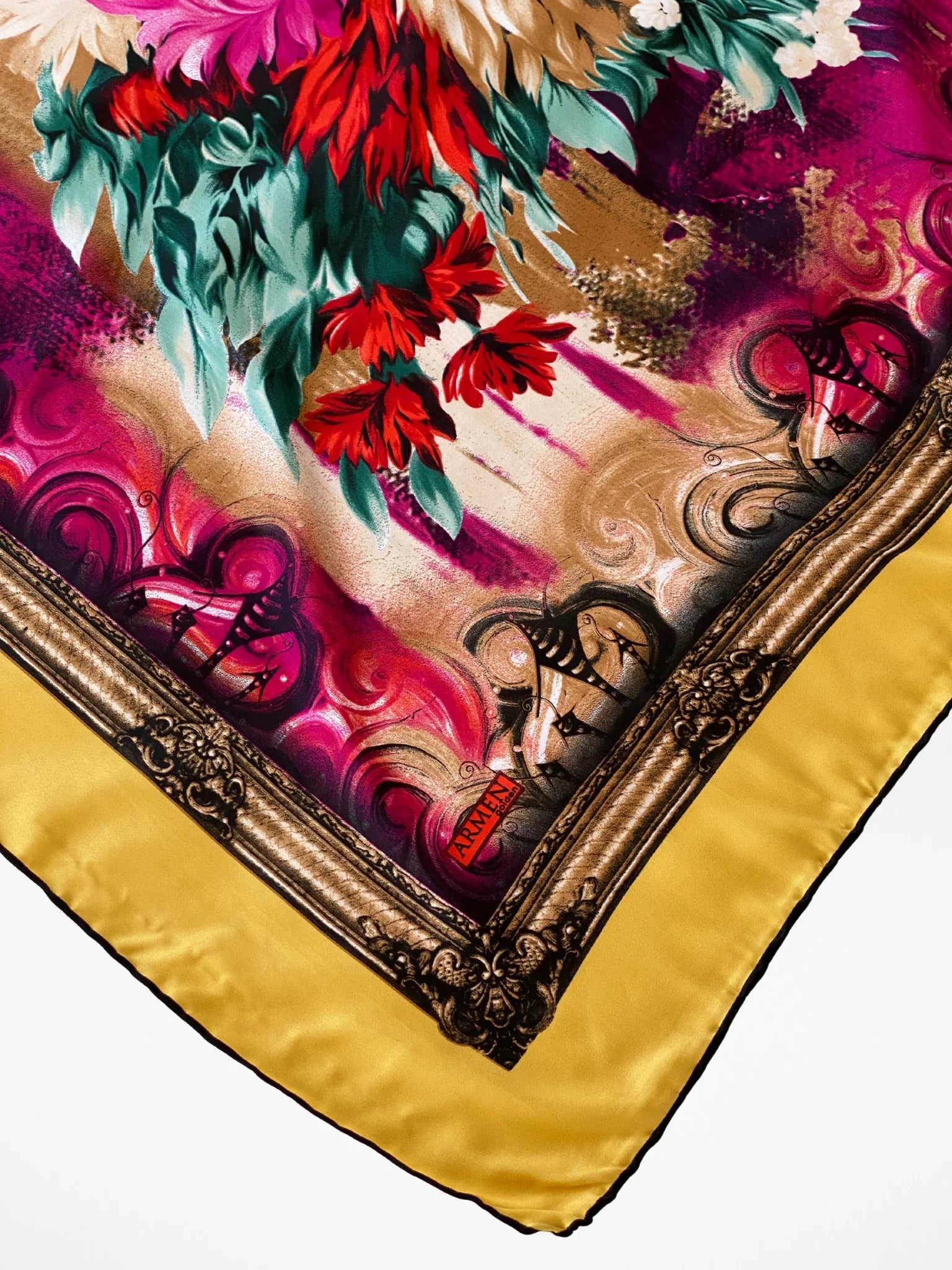 ARMEN Golden Floral Baroque Style Satin Silk Square Scarf - Balagan Vintage Scarf 00s, multicolored, NEW IN, scarf, summer