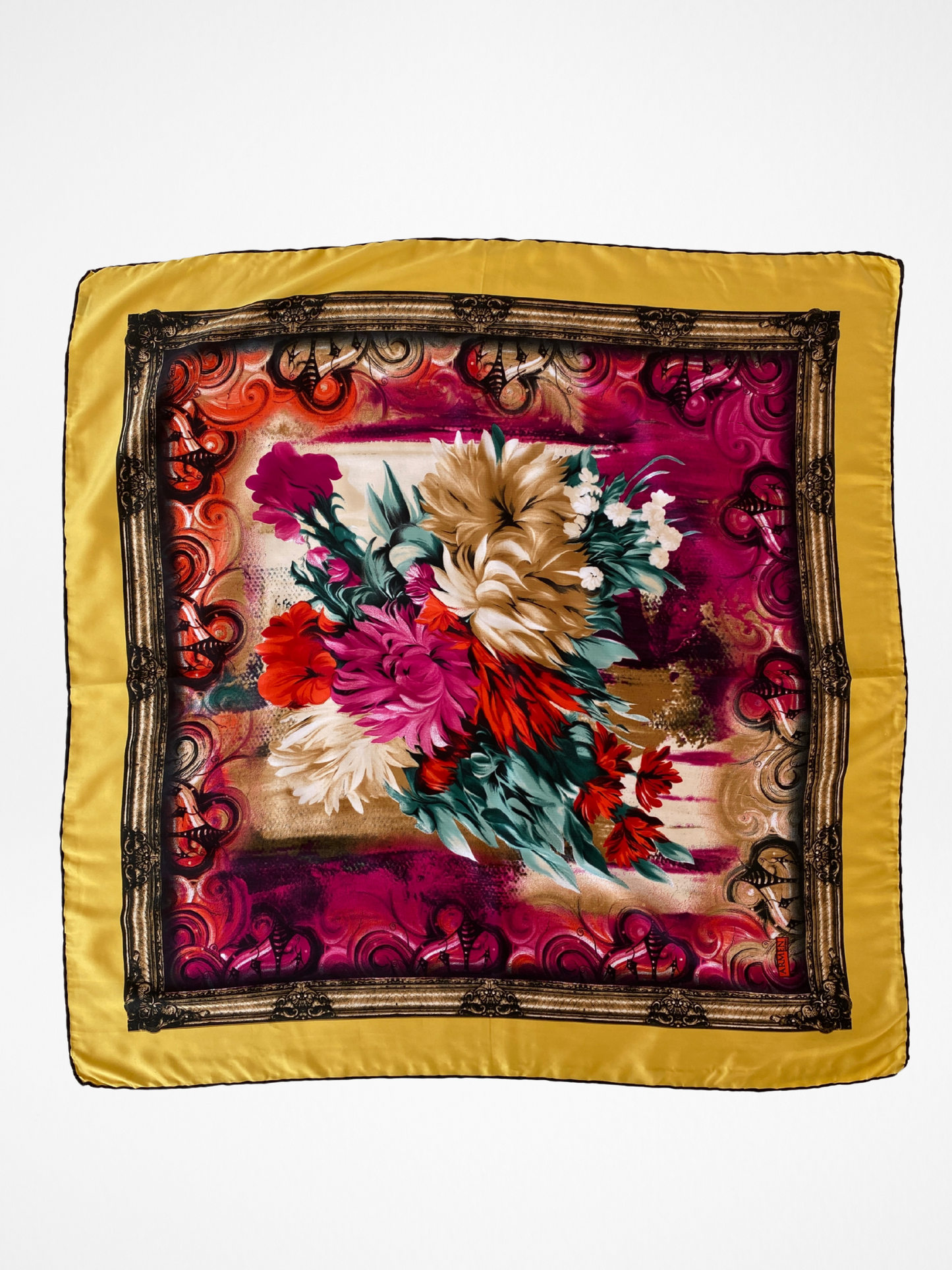 ARMEN Golden Floral Baroque Style Satin Silk Square Scarf - Balagan Vintage Scarf 00s, multicolored, NEW IN, scarf, summer
