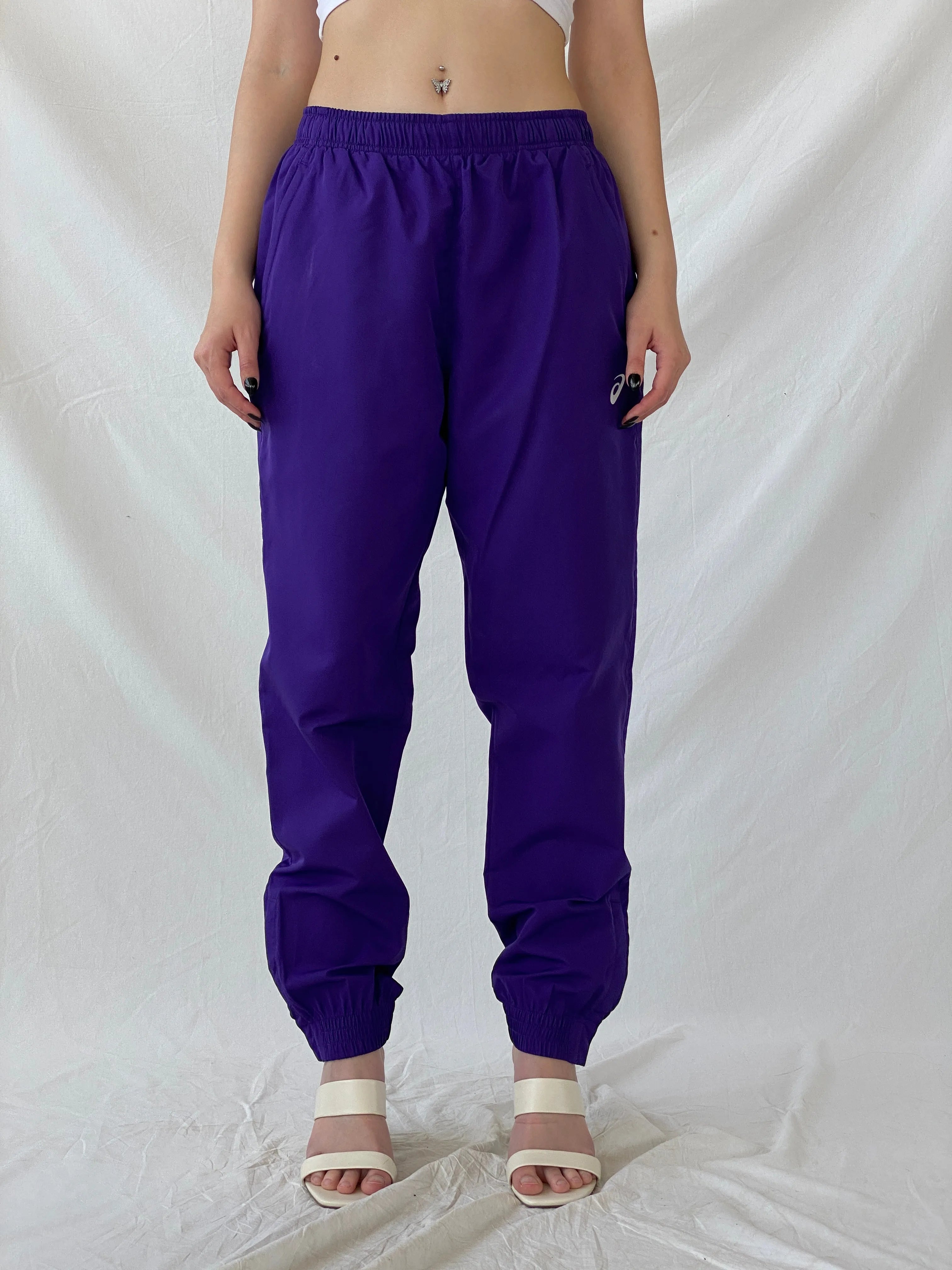 Asics Purple Windbreaker Sports Wear Women’s Track Pants - L - Balagan Vintage Track Pants 80s, 90s, Ayah, consignment, Melika, vintage pants, windbreaker
