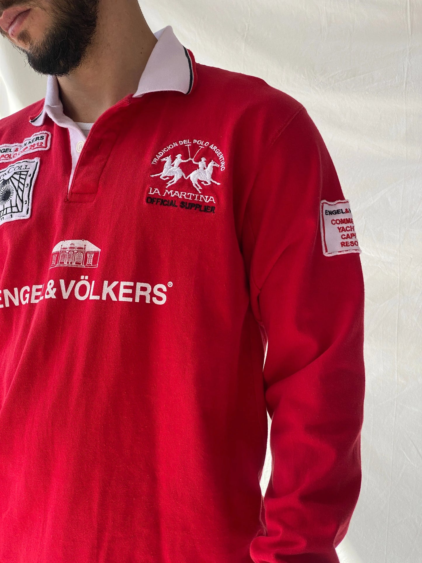 Authentic La Martina Saddlery Engel & Völkers 2012 Polo Cup Red Long Sleeve Cotton Jersey - M - Balagan Vintage Full Sleeve Top 90s, consignment, Hamza, Jersey, men, streetwear, vintage, vintage sweater, winter
