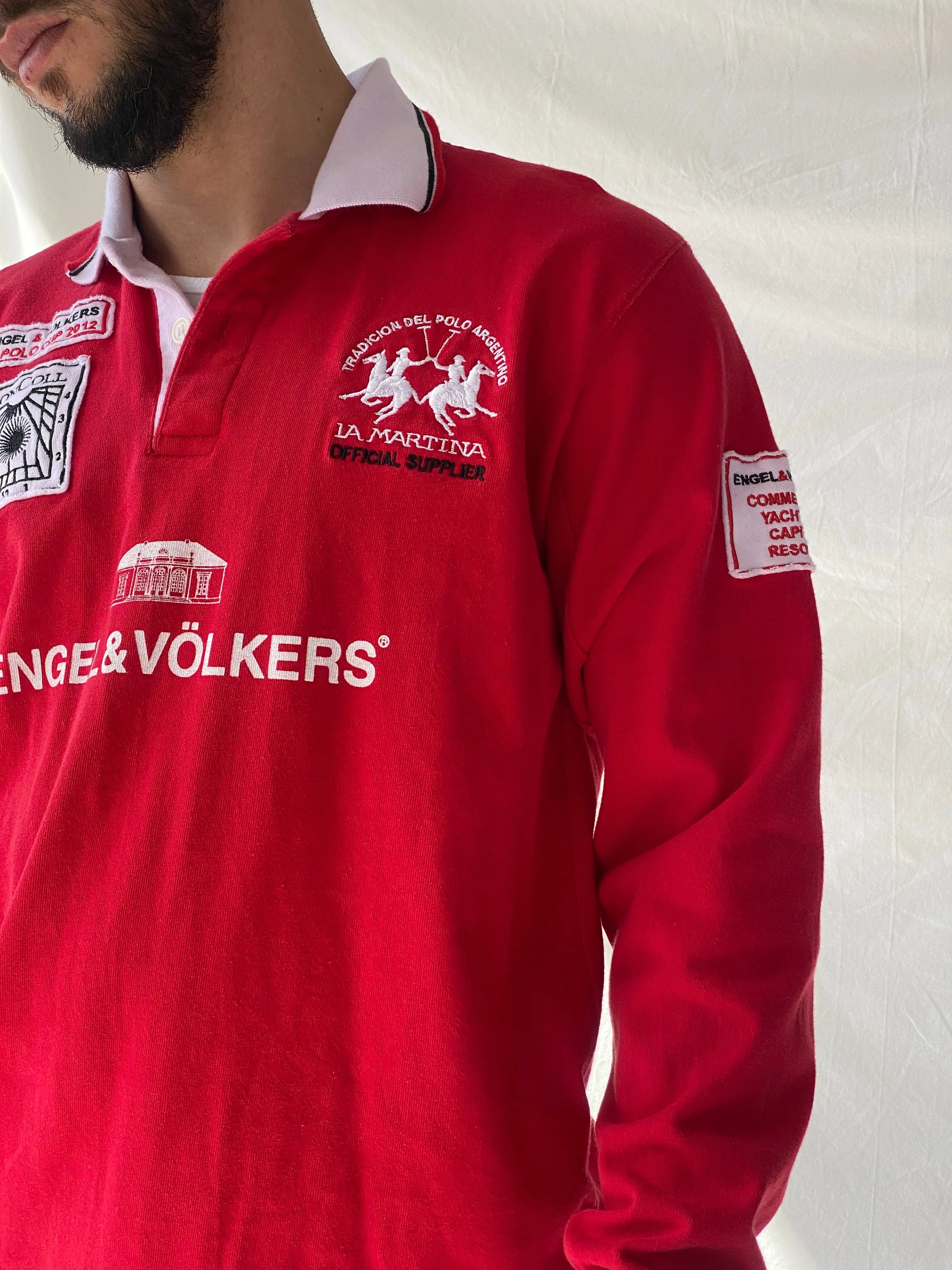 Authentic La Martina Saddlery Engel & Völkers 2012 Polo Cup Red Long Sleeve Cotton Jersey - M - Balagan Vintage Full Sleeve Top 90s, consignment, Hamza, Jersey, men, streetwear, vintage, vintage sweater, winter