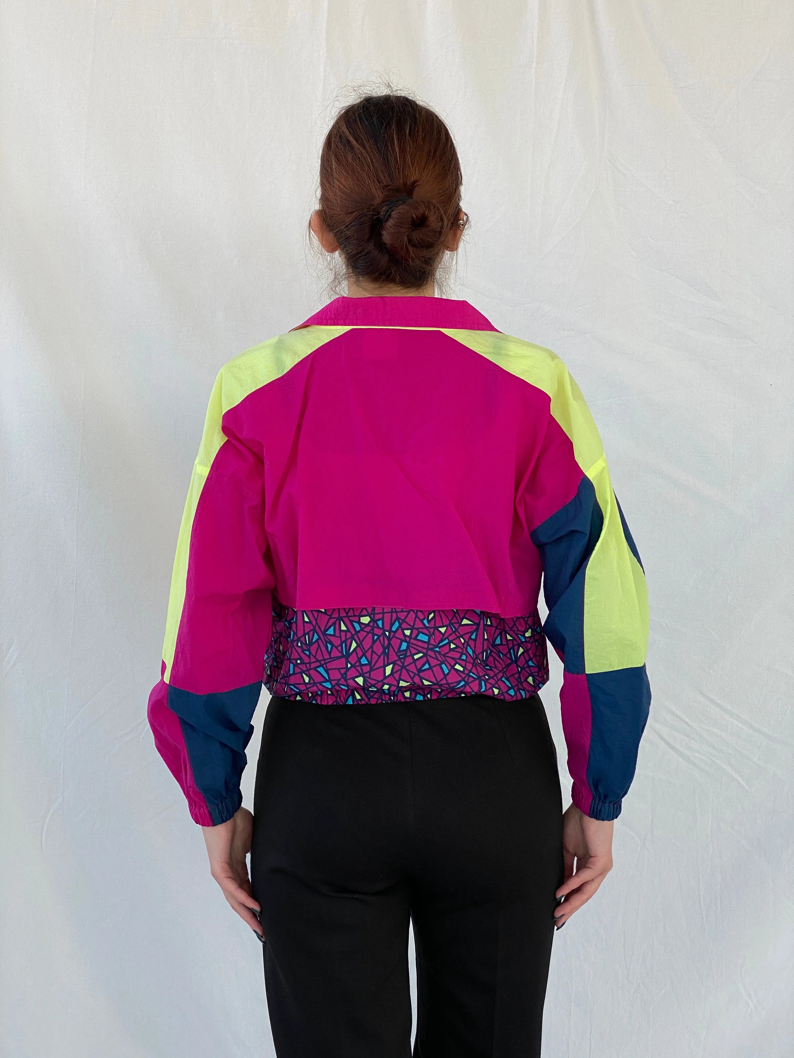 Avia Pink Yellow Geometric Women’s Windbreaker Track Jacket - S - Balagan Vintage Windbreaker Jacket 00s, Ayah, consignment, Tasnim, vintage, vintage windbreaker, windbreaker, windbreaker jacket, women
